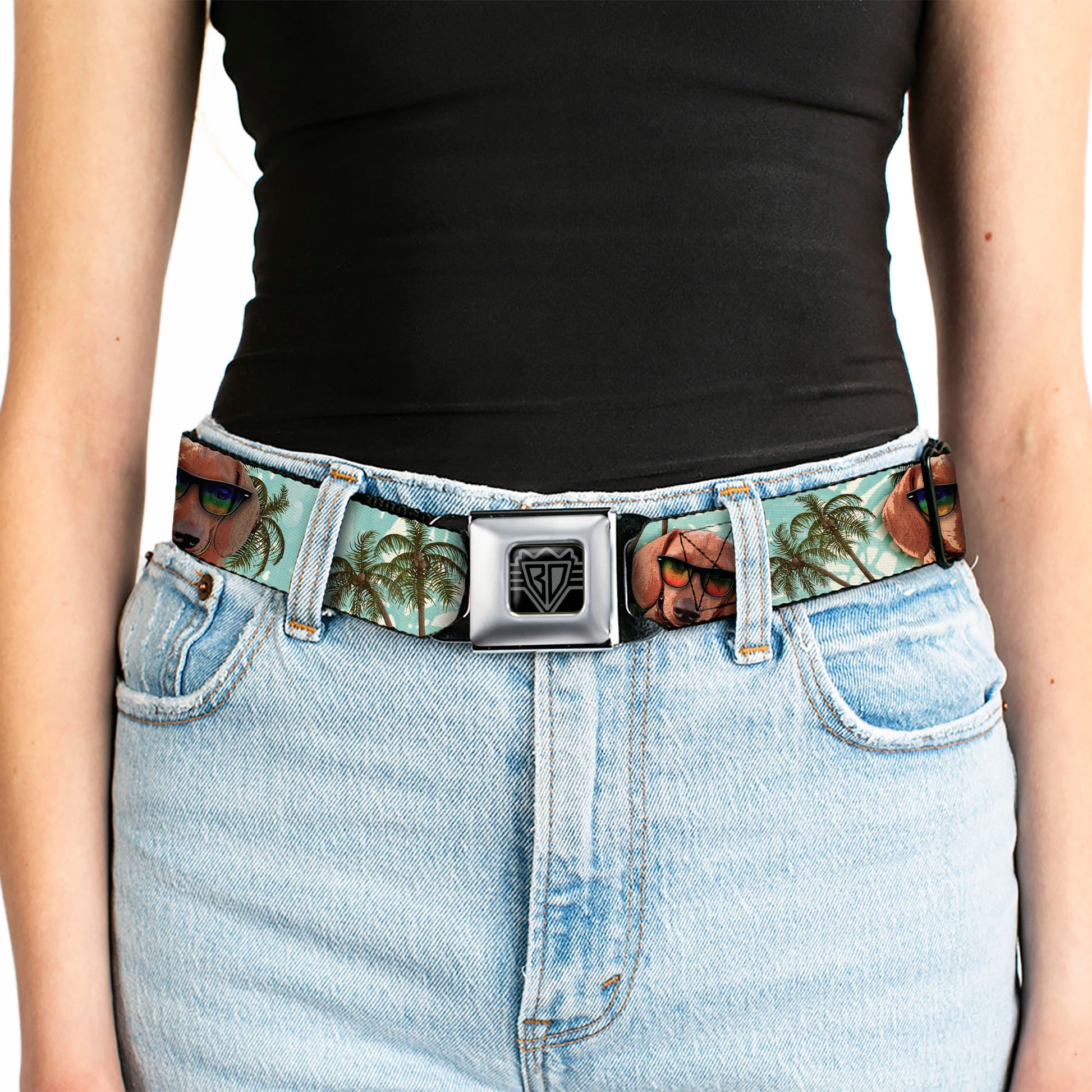 BD Wings Logo CLOSE-UP Full Color Black Silver Seatbelt Belt - Dachshund in Shades w/Palm Trees Webbing Seatbelt Belts Buckle-Down