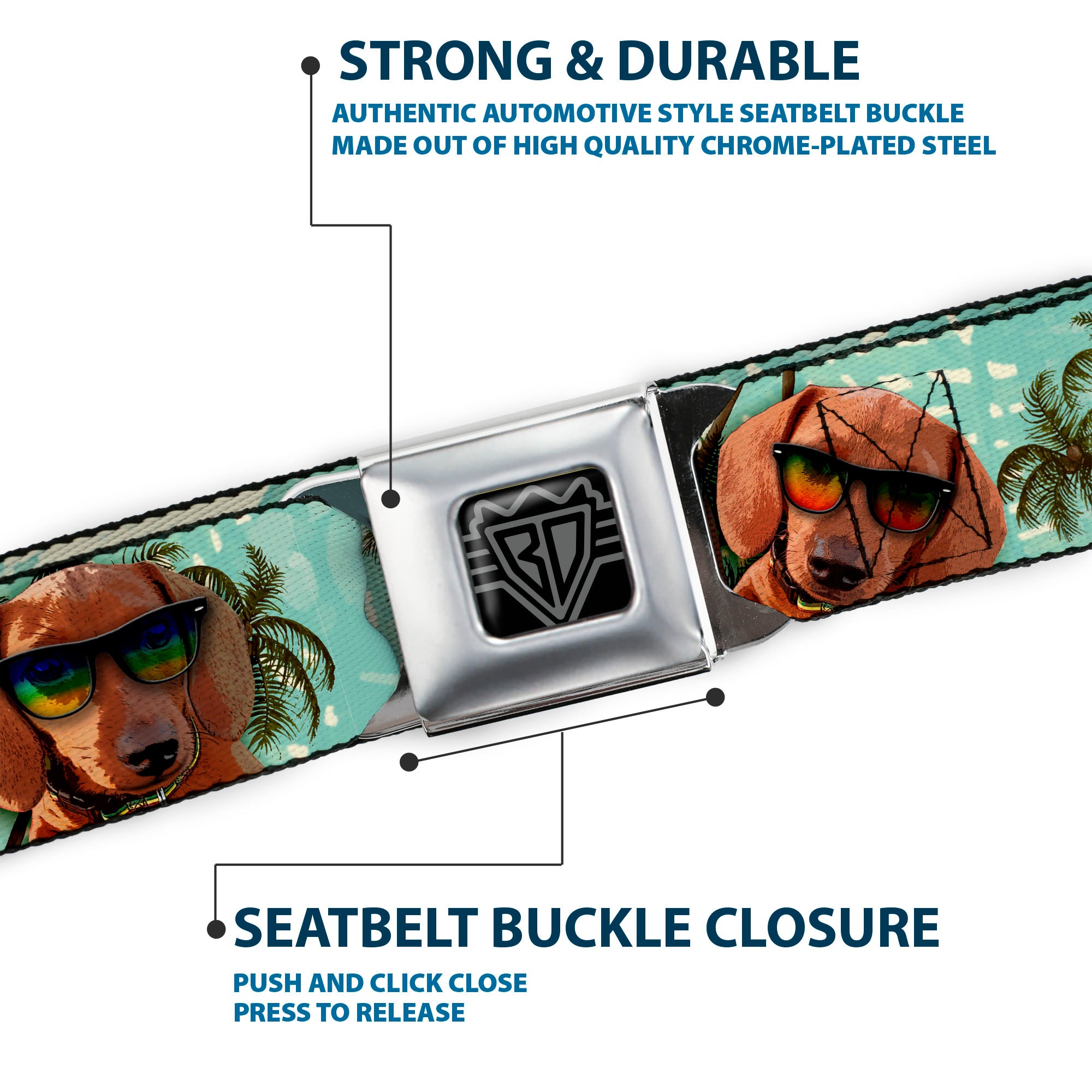 BD Wings Logo CLOSE-UP Full Color Black Silver Seatbelt Belt - Dachshund in Shades w/Palm Trees Webbing Seatbelt Belts Buckle-Down