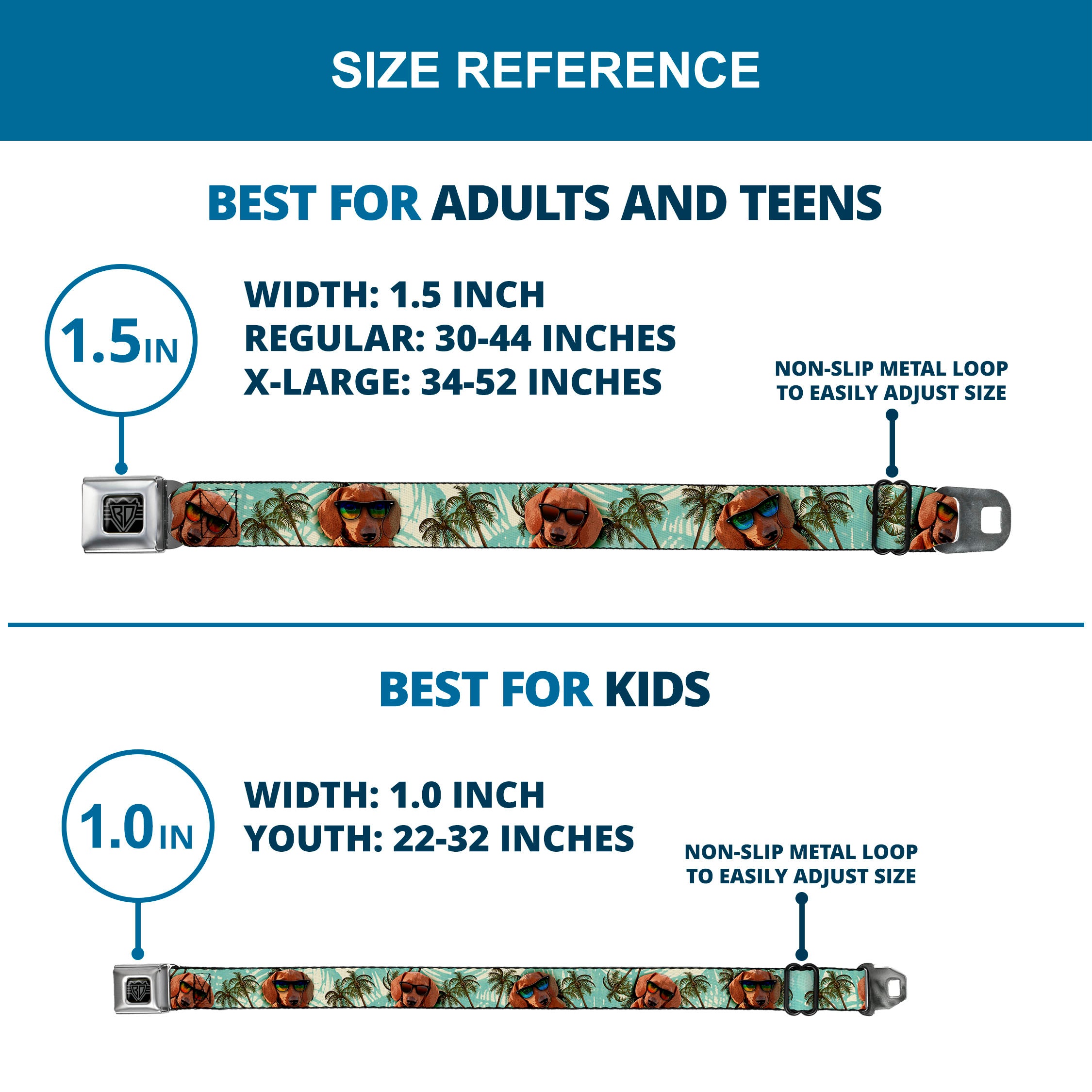 BD Wings Logo CLOSE-UP Full Color Black Silver Seatbelt Belt - Dachshund in Shades w/Palm Trees Webbing Seatbelt Belts Buckle-Down