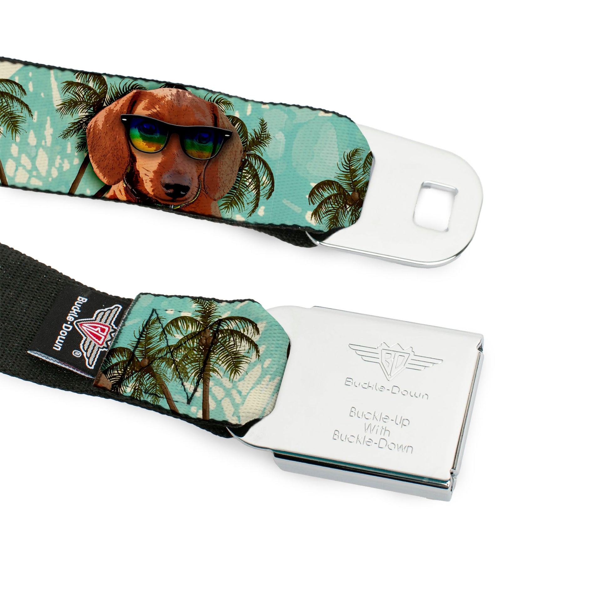 BD Wings Logo CLOSE-UP Full Color Black Silver Seatbelt Belt - Dachshund in Shades w/Palm Trees Webbing Seatbelt Belts Buckle-Down