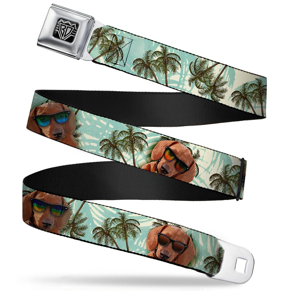 BD Wings Logo CLOSE-UP Full Color Black Silver Seatbelt Belt - Dachshund in Shades w/Palm Trees Webbing Seatbelt Belts Buckle-Down