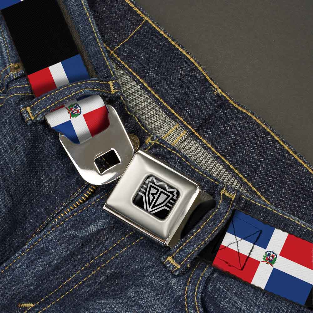 BD Wings Logo CLOSE-UP Full Color Black Silver Seatbelt Belt - Dominican Republic Flags/Black Blocks Webbing Seatbelt Belts Buckle-Down