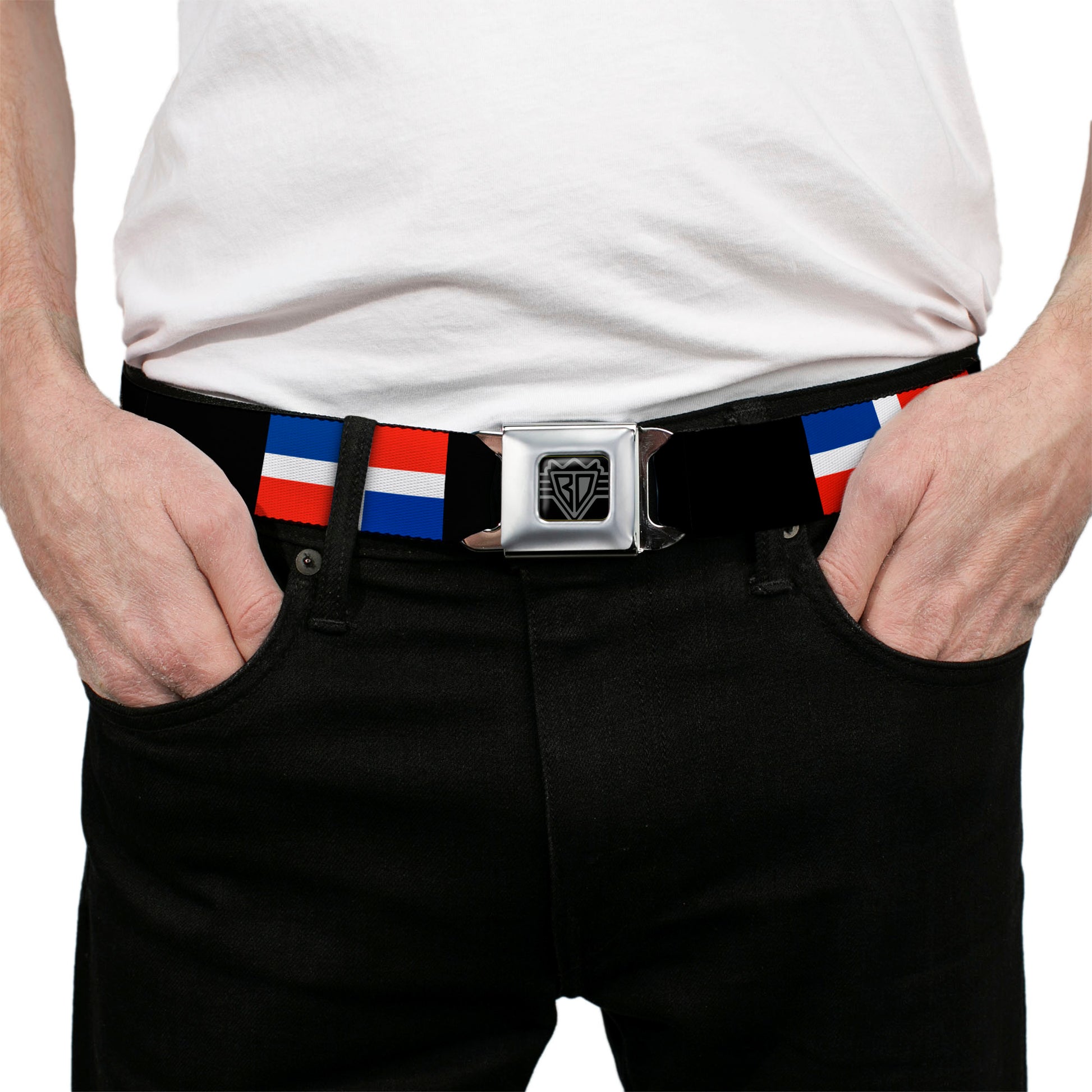 BD Wings Logo CLOSE-UP Full Color Black Silver Seatbelt Belt - Dominican Republic Flags/Black Blocks Webbing Seatbelt Belts Buckle-Down