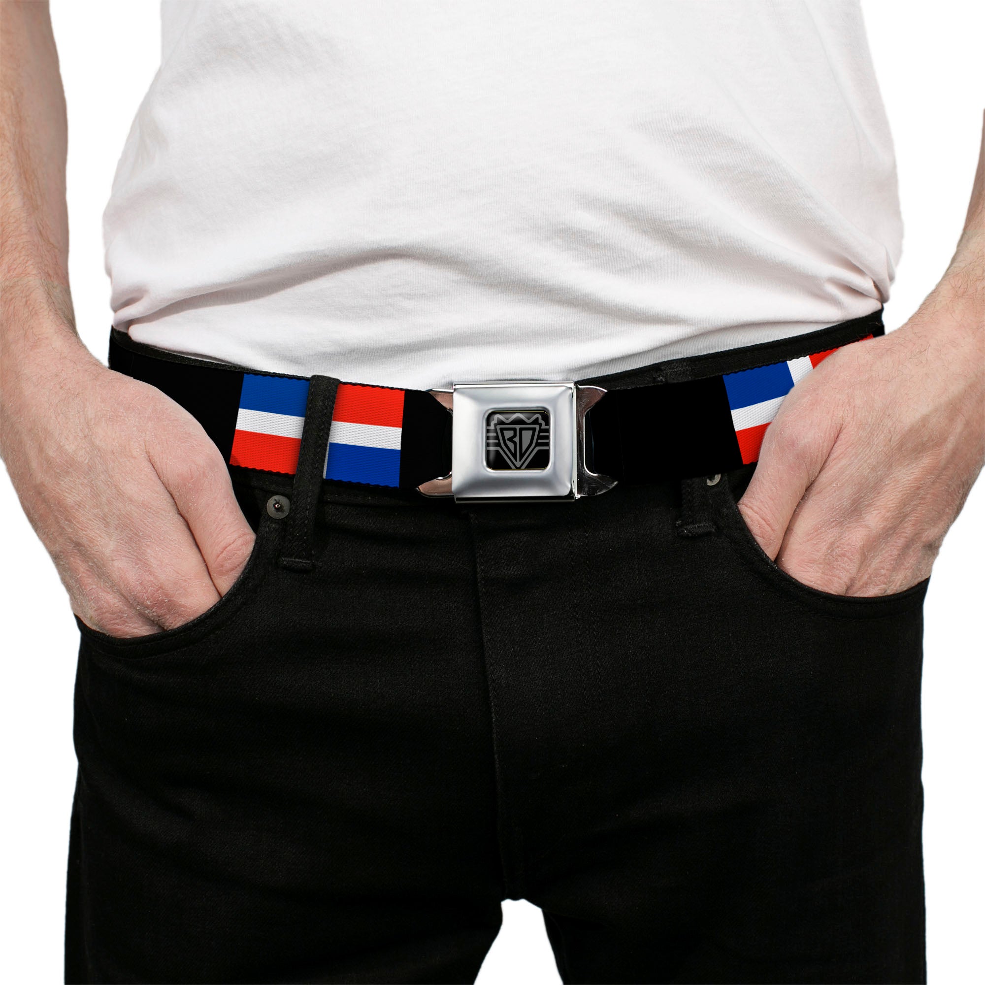 BD Wings Logo CLOSE-UP Full Color Black Silver Seatbelt Belt - Dominican Republic Flags/Black Blocks Webbing Seatbelt Belts Buckle-Down