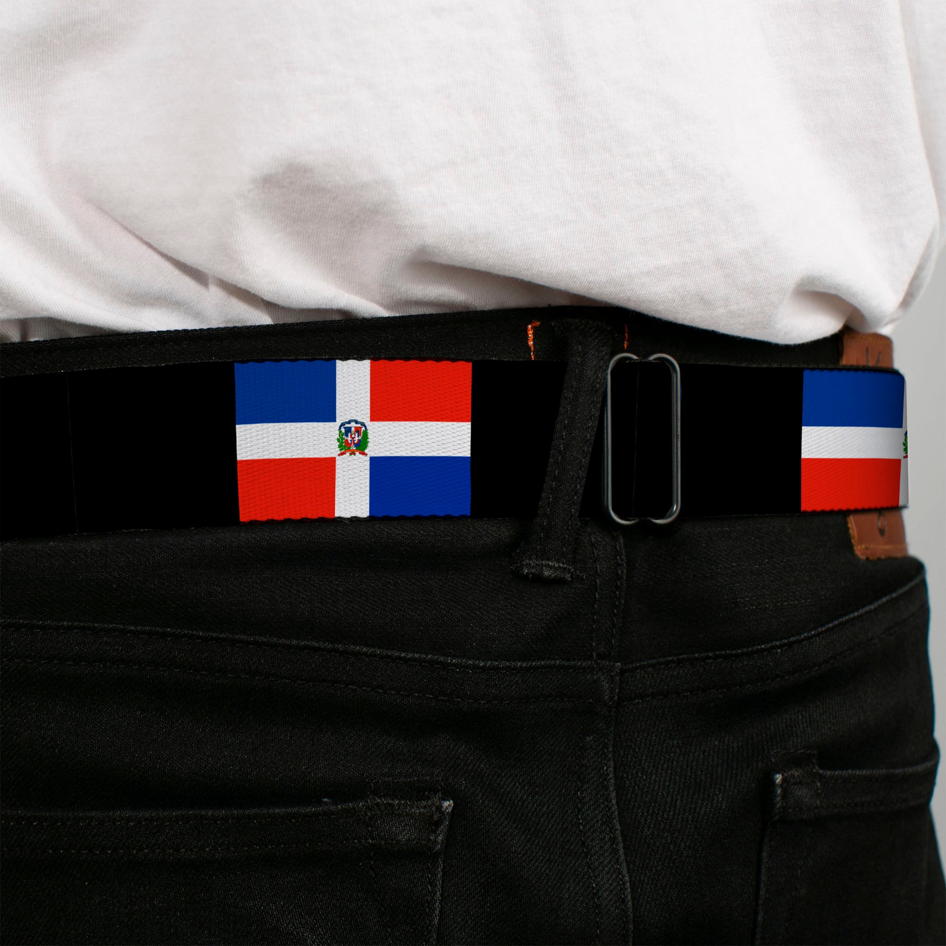 BD Wings Logo CLOSE-UP Full Color Black Silver Seatbelt Belt - Dominican Republic Flags/Black Blocks Webbing Seatbelt Belts Buckle-Down