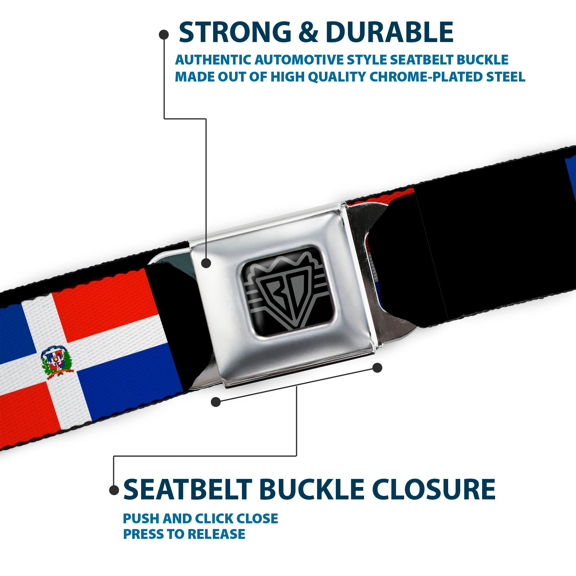 BD Wings Logo CLOSE-UP Full Color Black Silver Seatbelt Belt - Dominican Republic Flags/Black Blocks Webbing Seatbelt Belts Buckle-Down