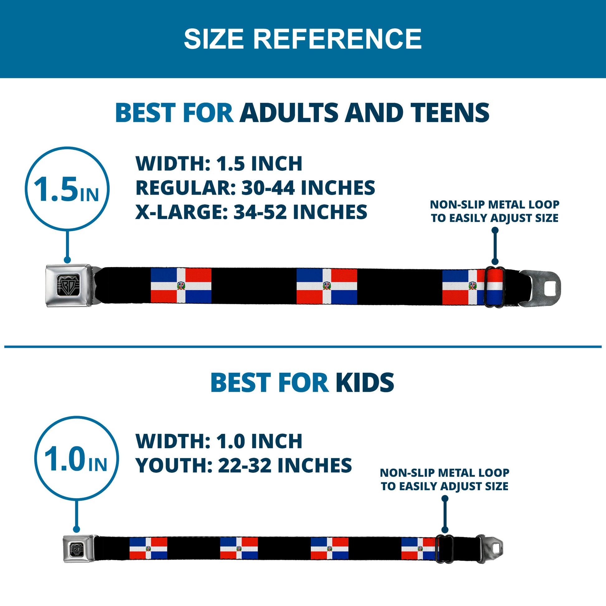 BD Wings Logo CLOSE-UP Full Color Black Silver Seatbelt Belt - Dominican Republic Flags/Black Blocks Webbing Seatbelt Belts Buckle-Down