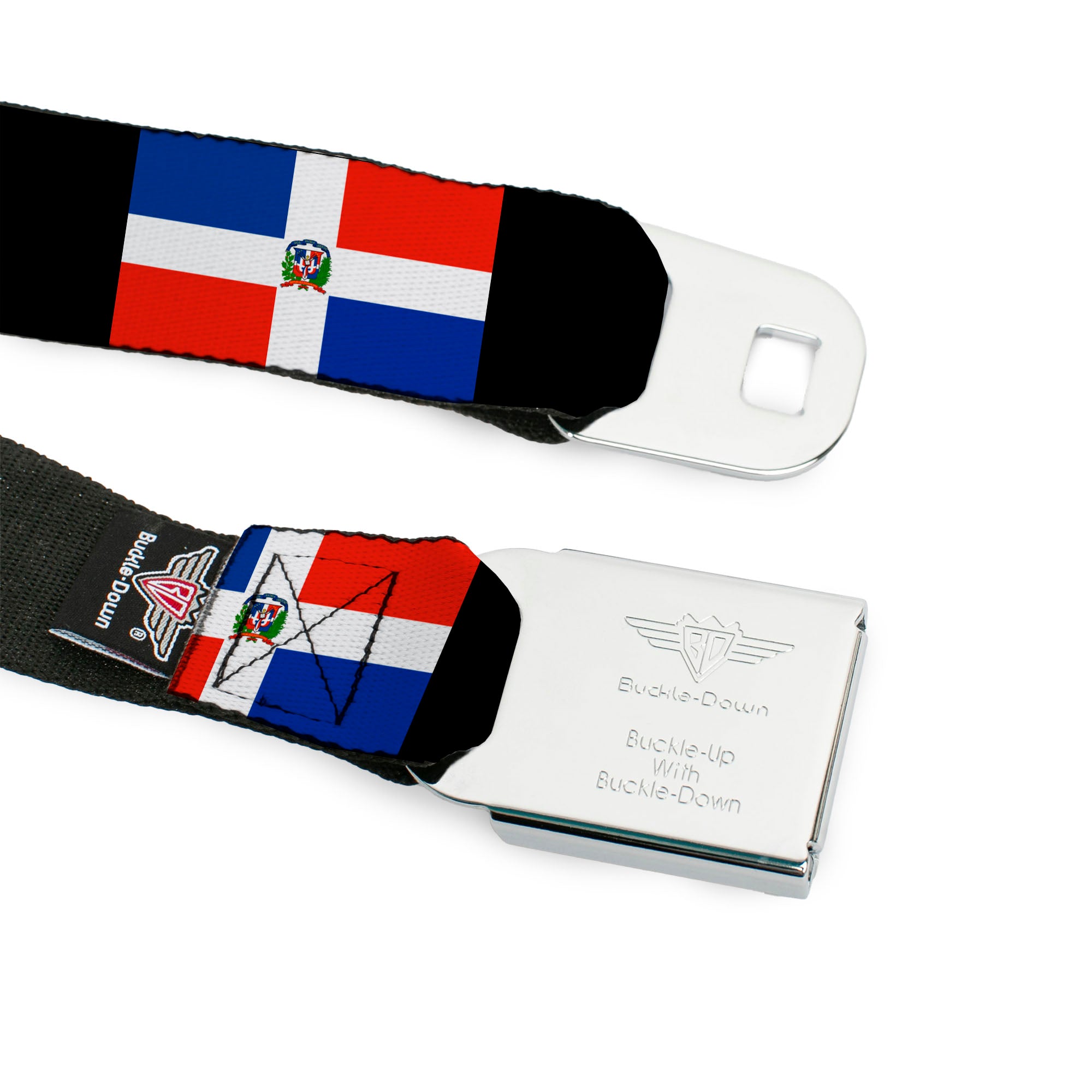 BD Wings Logo CLOSE-UP Full Color Black Silver Seatbelt Belt - Dominican Republic Flags/Black Blocks Webbing Seatbelt Belts Buckle-Down