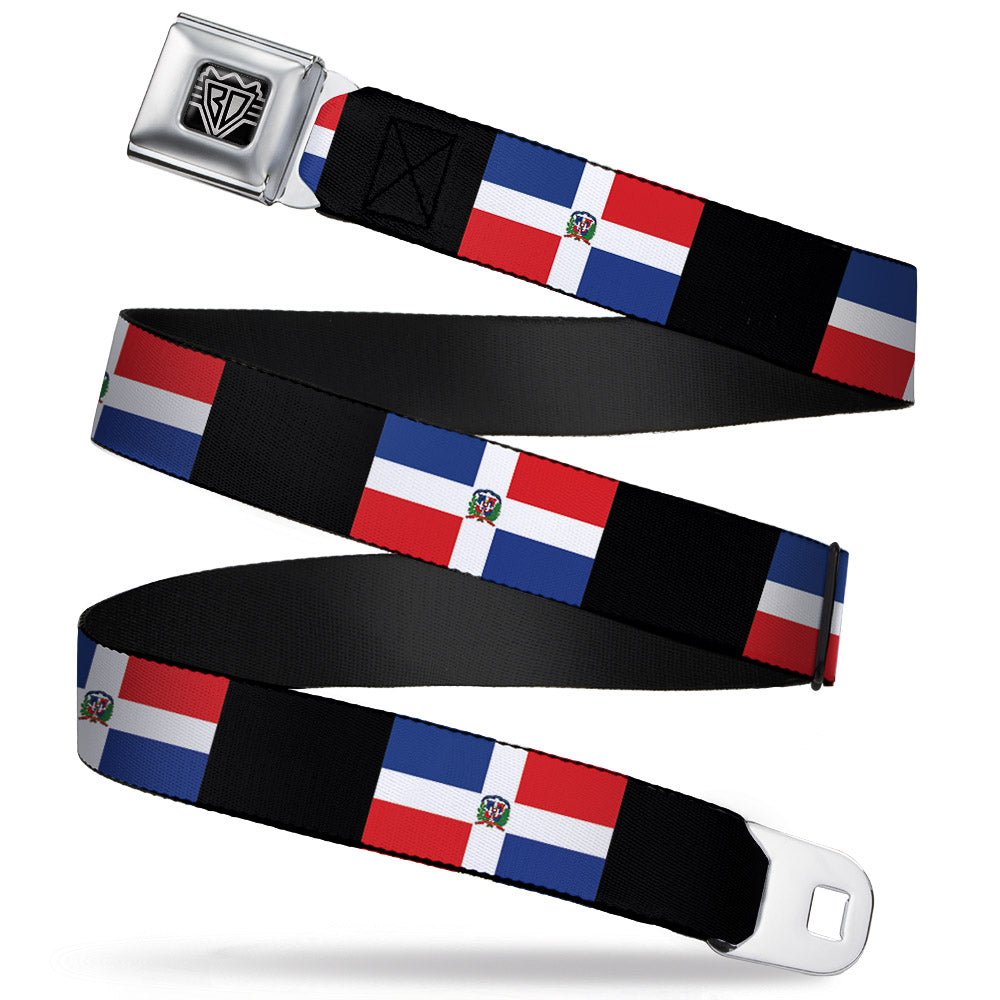 BD Wings Logo CLOSE-UP Full Color Black Silver Seatbelt Belt - Dominican Republic Flags/Black Blocks Webbing Seatbelt Belts Buckle-Down