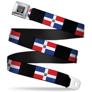BD Wings Logo CLOSE-UP Full Color Black Silver Seatbelt Belt - Dominican Republic Flags/Black Blocks Webbing Seatbelt Belts Buckle-Down