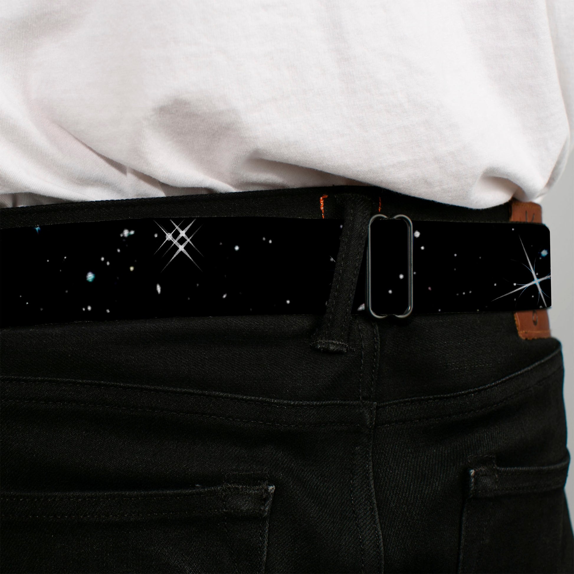 BD Wings Logo CLOSE-UP Full Color Black Silver Seatbelt Belt - Deep Space Black/White Webbing Seatbelt Belts Buckle-Down