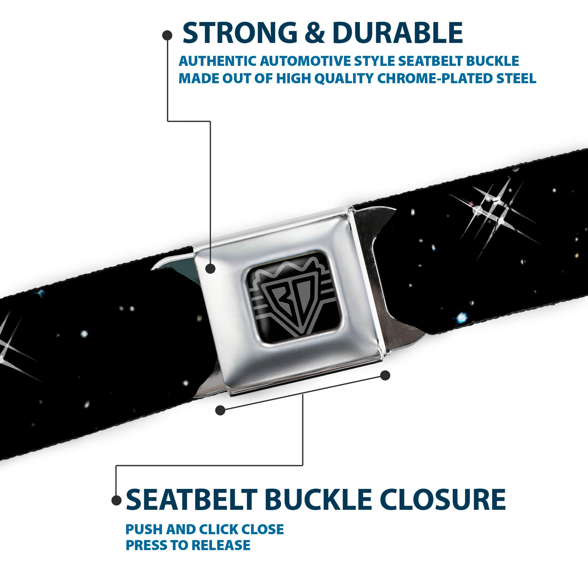 BD Wings Logo CLOSE-UP Full Color Black Silver Seatbelt Belt - Deep Space Black/White Webbing Seatbelt Belts Buckle-Down