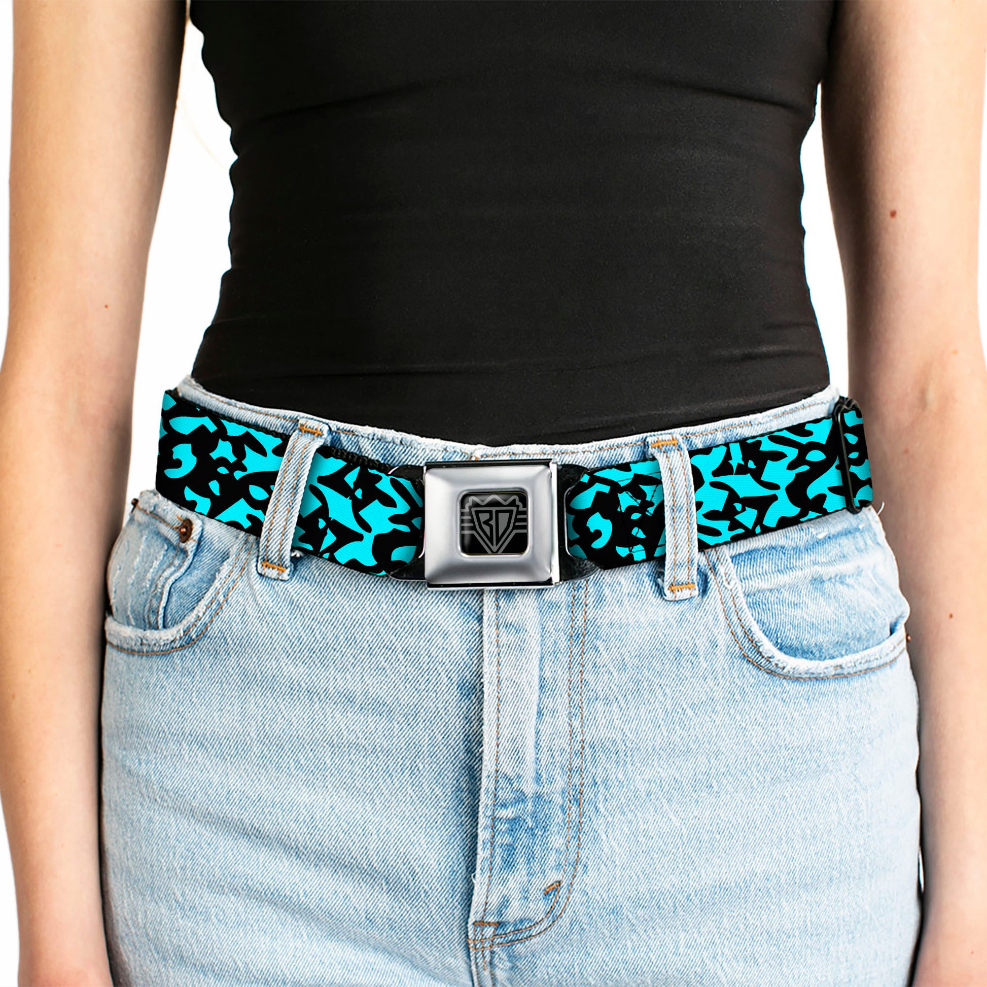 BD Wings Logo CLOSE-UP Full Color Black Silver Seatbelt Belt - Eighties 1 Blue/Black Webbing Seatbelt Belts Buckle-Down