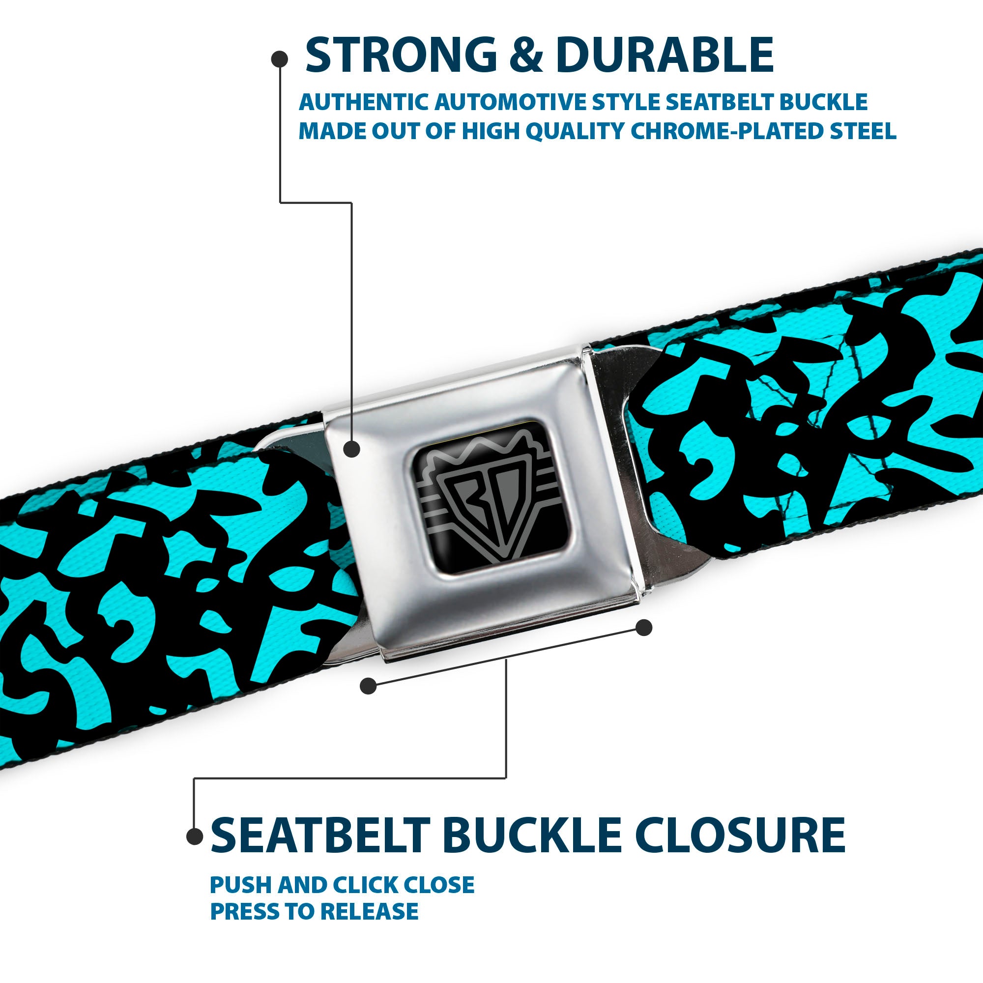 BD Wings Logo CLOSE-UP Full Color Black Silver Seatbelt Belt - Eighties 1 Blue/Black Webbing Seatbelt Belts Buckle-Down