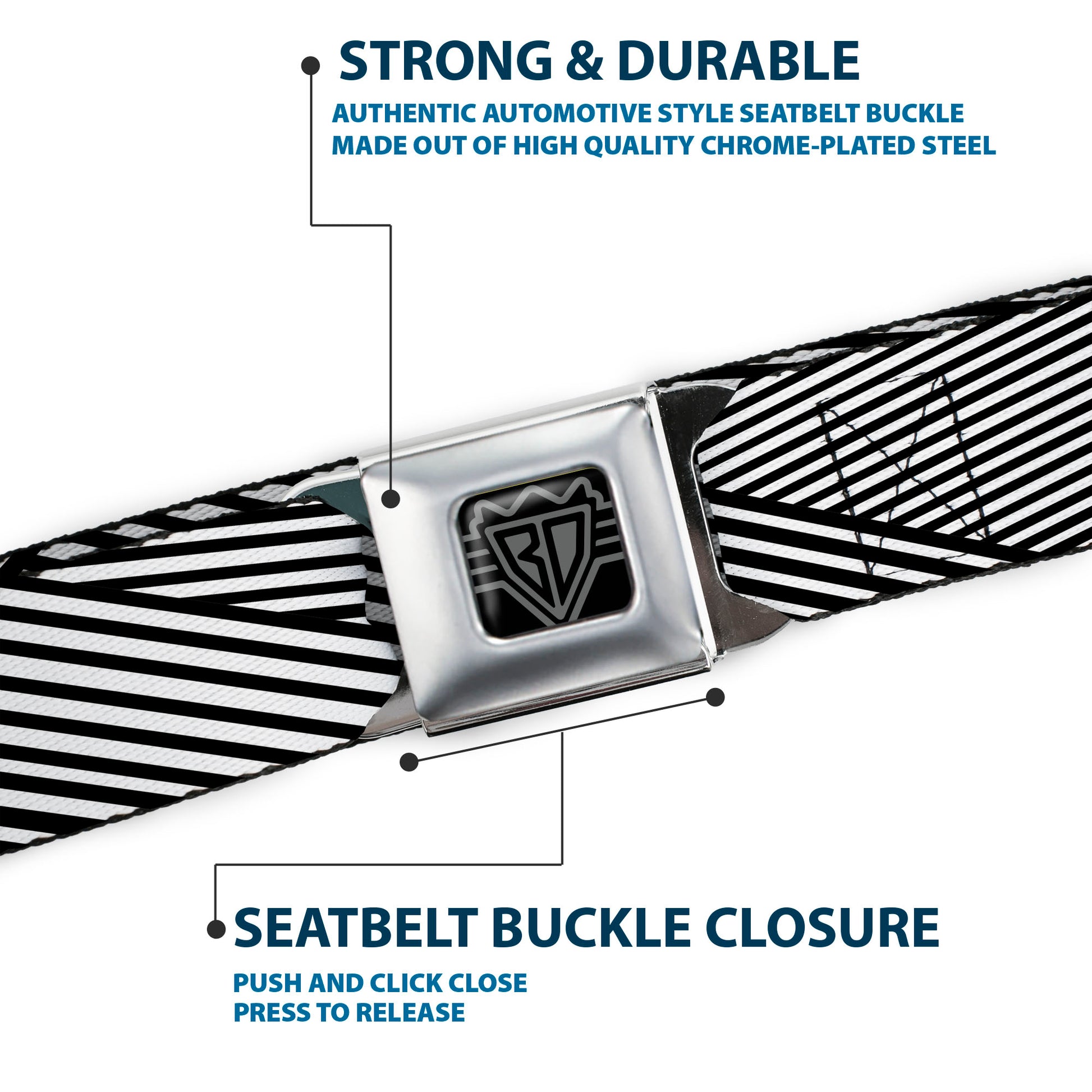 BD Wings Logo CLOSE-UP Full Color Black Silver Seatbelt Belt - Eighties 7 Black/White Webbing Seatbelt Belts Buckle-Down