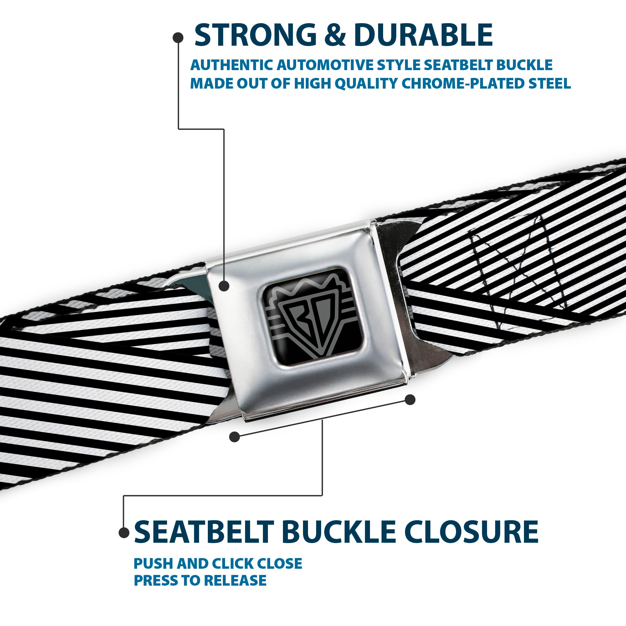 BD Wings Logo CLOSE-UP Full Color Black Silver Seatbelt Belt - Eighties 7 Black/White Webbing Seatbelt Belts Buckle-Down