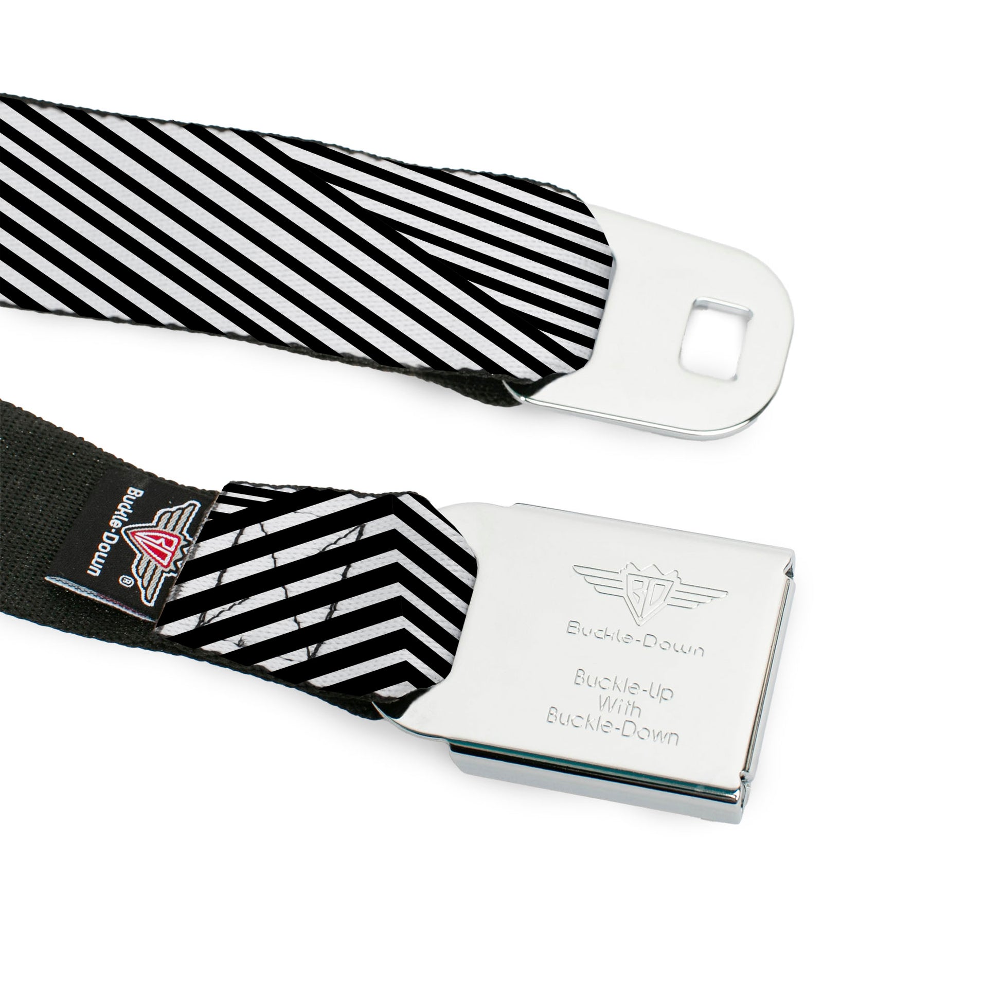 BD Wings Logo CLOSE-UP Full Color Black Silver Seatbelt Belt - Eighties 7 Black/White Webbing Seatbelt Belts Buckle-Down