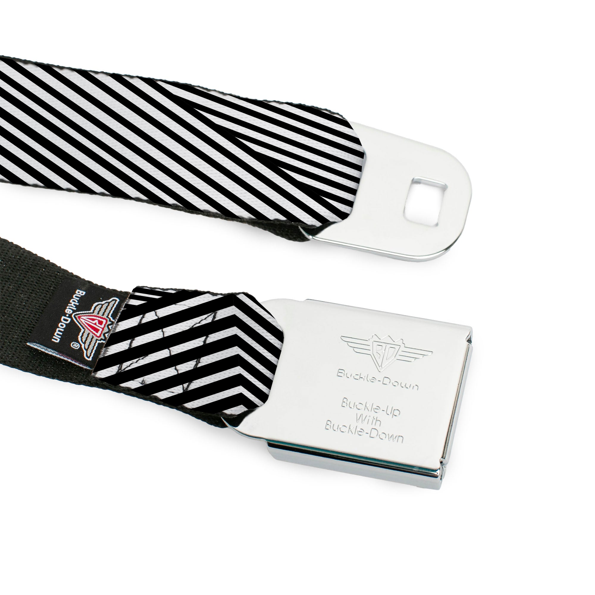 BD Wings Logo CLOSE-UP Full Color Black Silver Seatbelt Belt - Eighties 7 Black/White Webbing Seatbelt Belts Buckle-Down