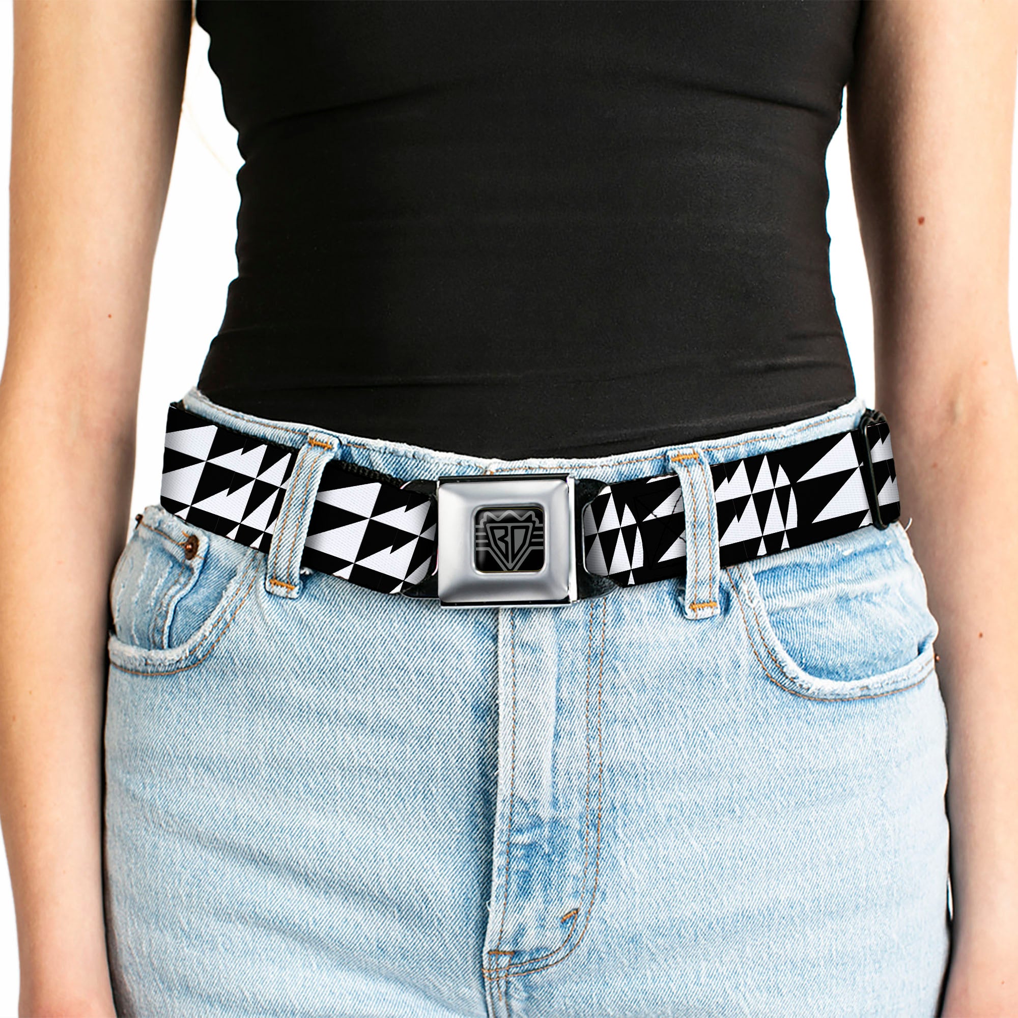 BD Wings Logo CLOSE-UP Full Color Black Silver Seatbelt Belt - Eighties 8 Black/White Webbing Seatbelt Belts Buckle-Down