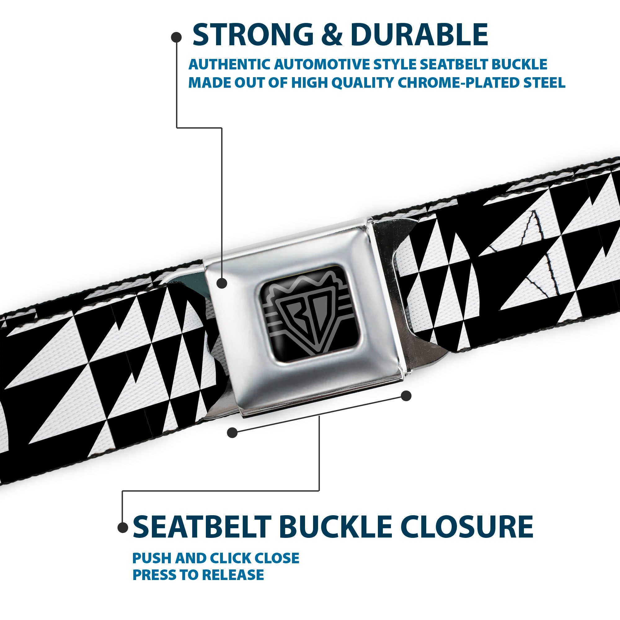 BD Wings Logo CLOSE-UP Full Color Black Silver Seatbelt Belt - Eighties 8 Black/White Webbing Seatbelt Belts Buckle-Down