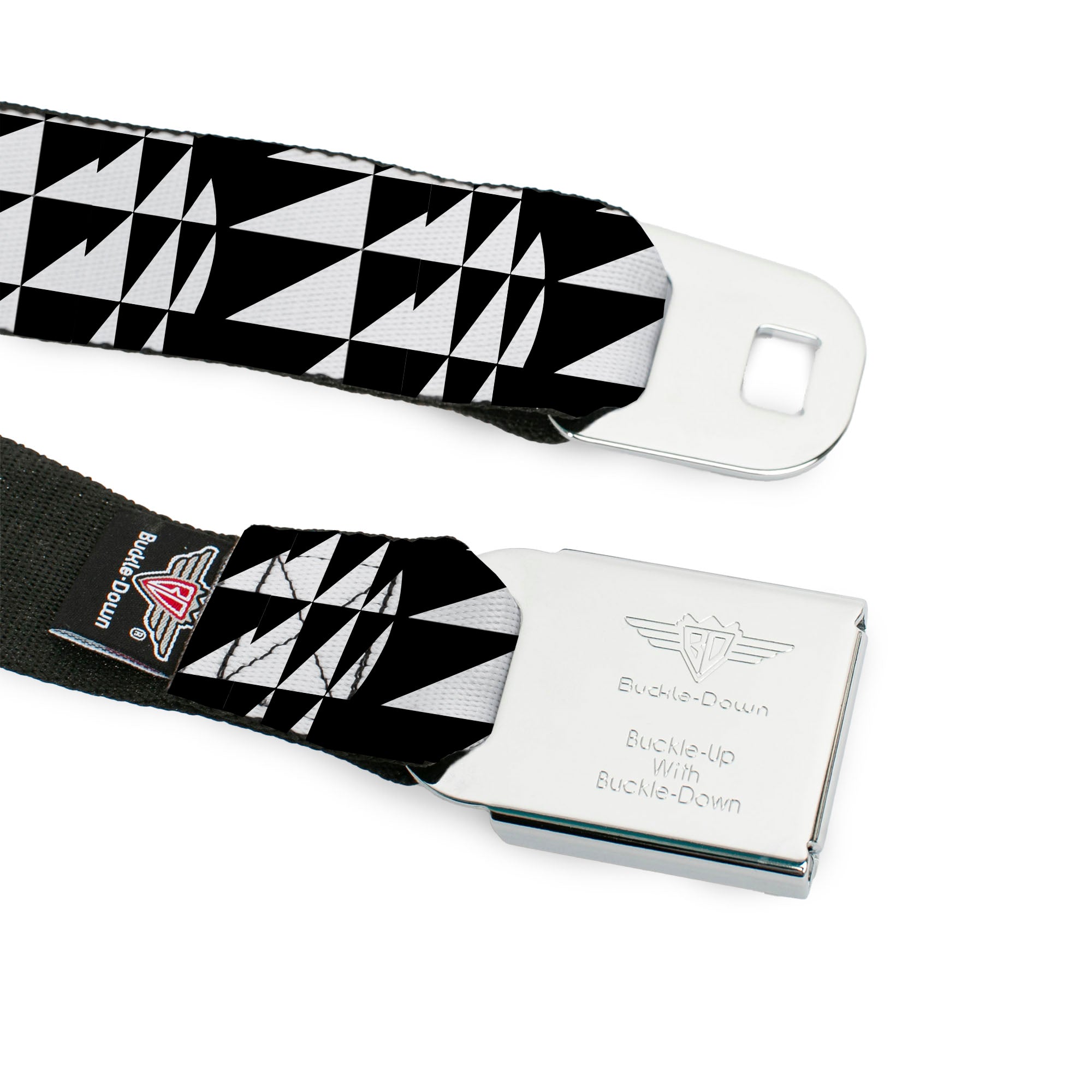 BD Wings Logo CLOSE-UP Full Color Black Silver Seatbelt Belt - Eighties 8 Black/White Webbing Seatbelt Belts Buckle-Down