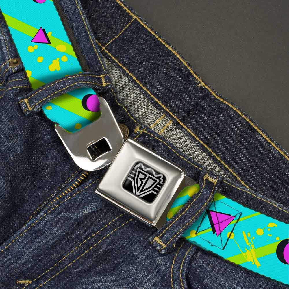 BD Wings Logo CLOSE-UP Full Color Black Silver Seatbelt Belt - Eighties Party Blue/Yellow/Pink Webbing Seatbelt Belts Buckle-Down