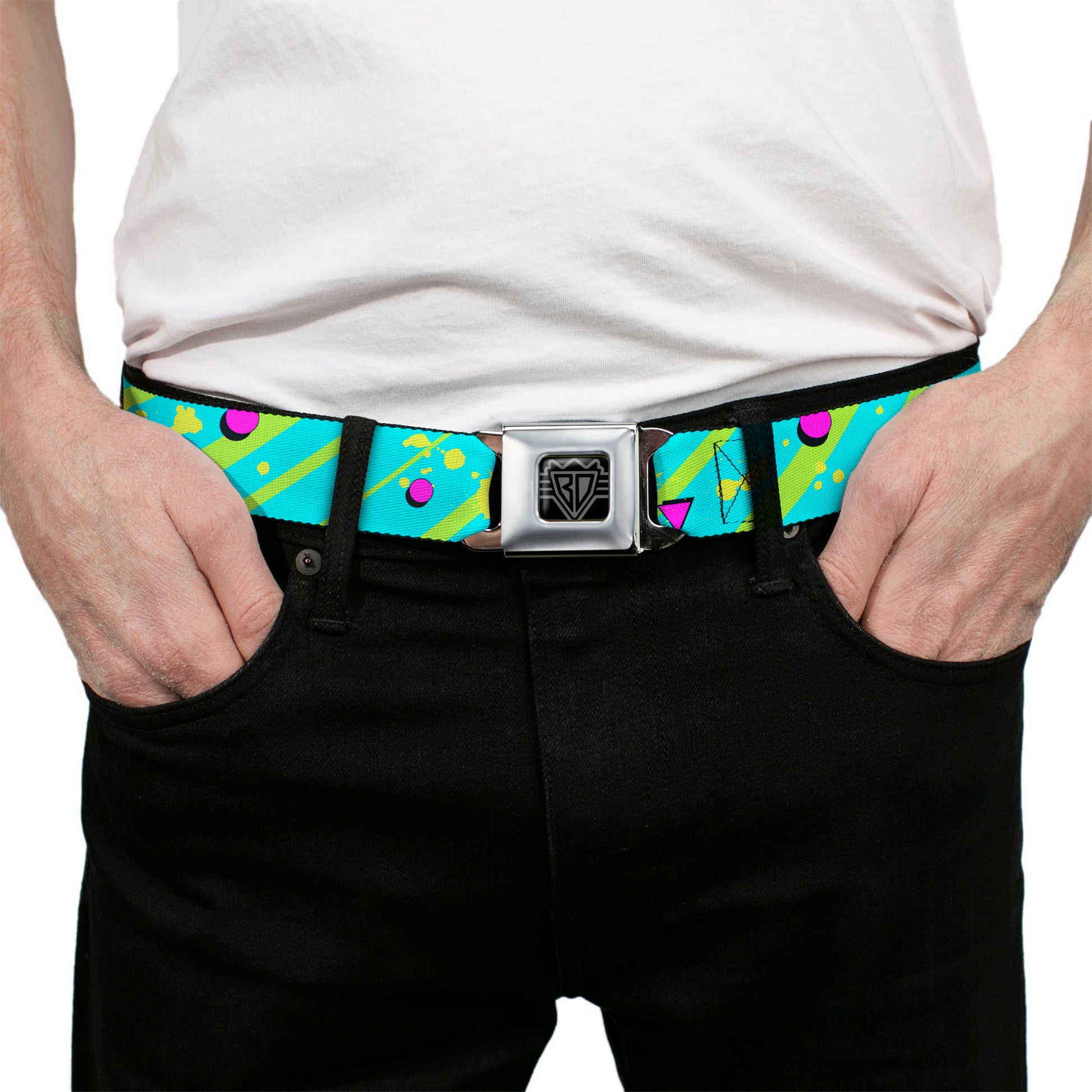 BD Wings Logo CLOSE-UP Full Color Black Silver Seatbelt Belt - Eighties Party Blue/Yellow/Pink Webbing Seatbelt Belts Buckle-Down