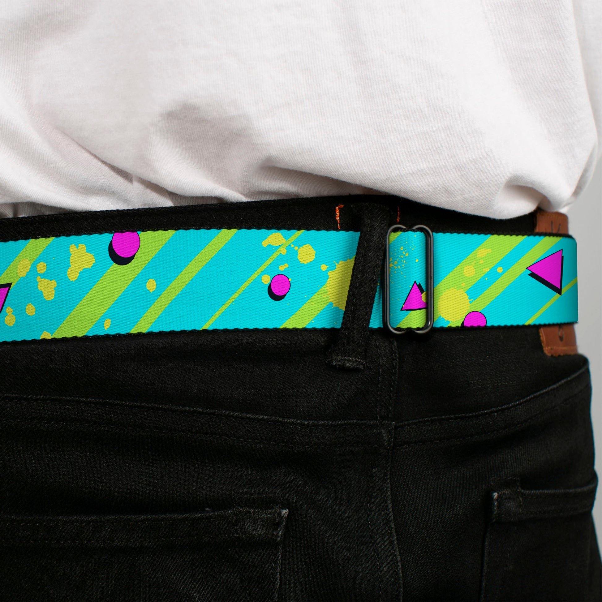BD Wings Logo CLOSE-UP Full Color Black Silver Seatbelt Belt - Eighties Party Blue/Yellow/Pink Webbing Seatbelt Belts Buckle-Down