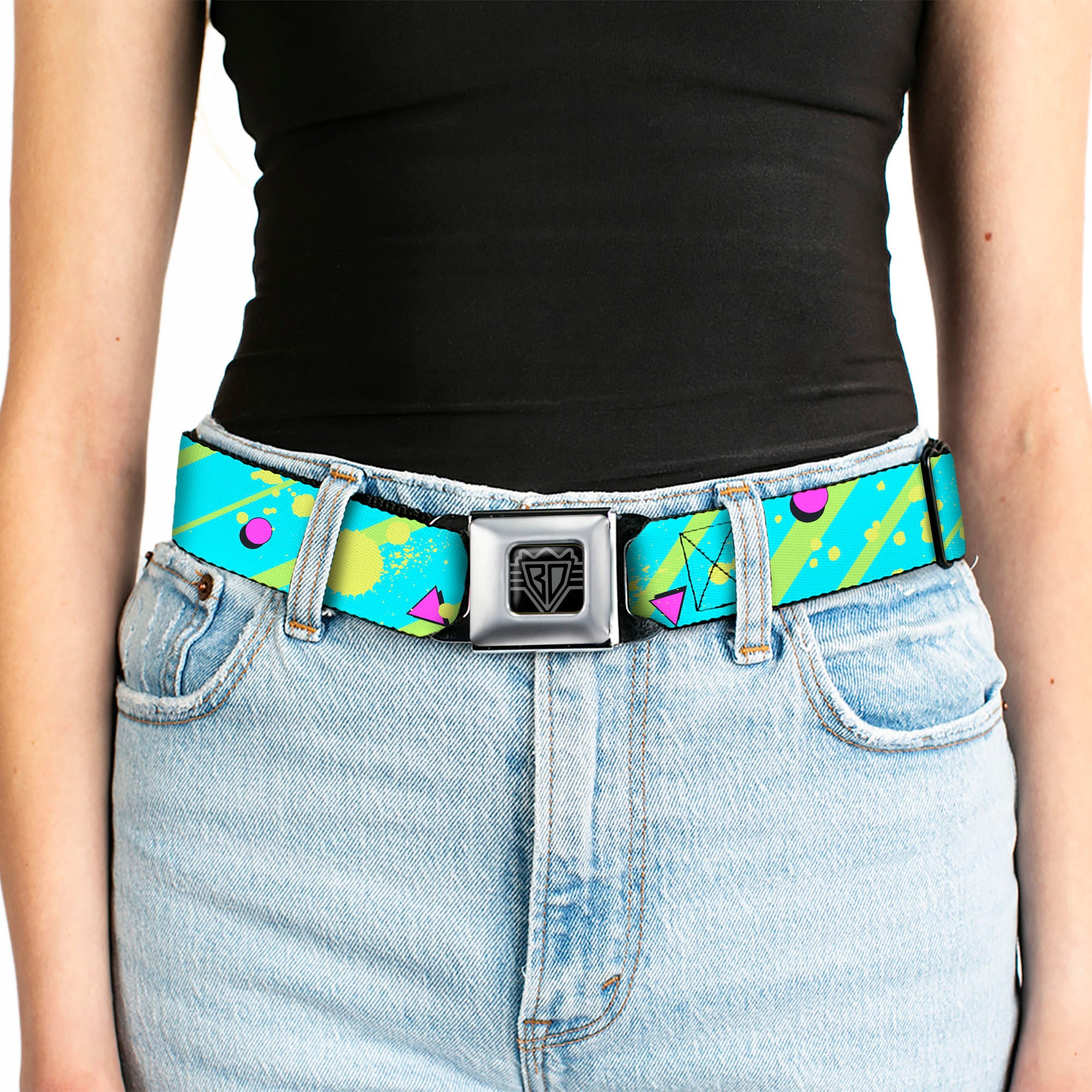 BD Wings Logo CLOSE-UP Full Color Black Silver Seatbelt Belt - Eighties Party Blue/Yellow/Pink Webbing Seatbelt Belts Buckle-Down