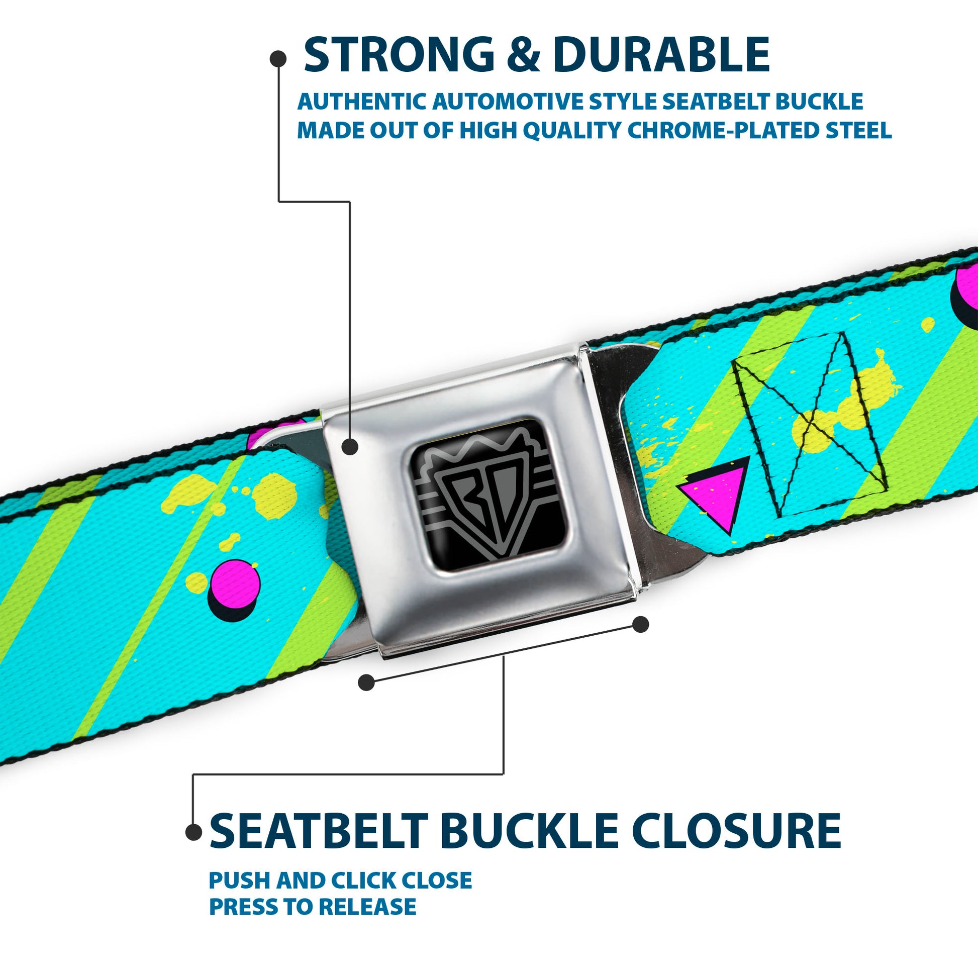 BD Wings Logo CLOSE-UP Full Color Black Silver Seatbelt Belt - Eighties Party Blue/Yellow/Pink Webbing Seatbelt Belts Buckle-Down