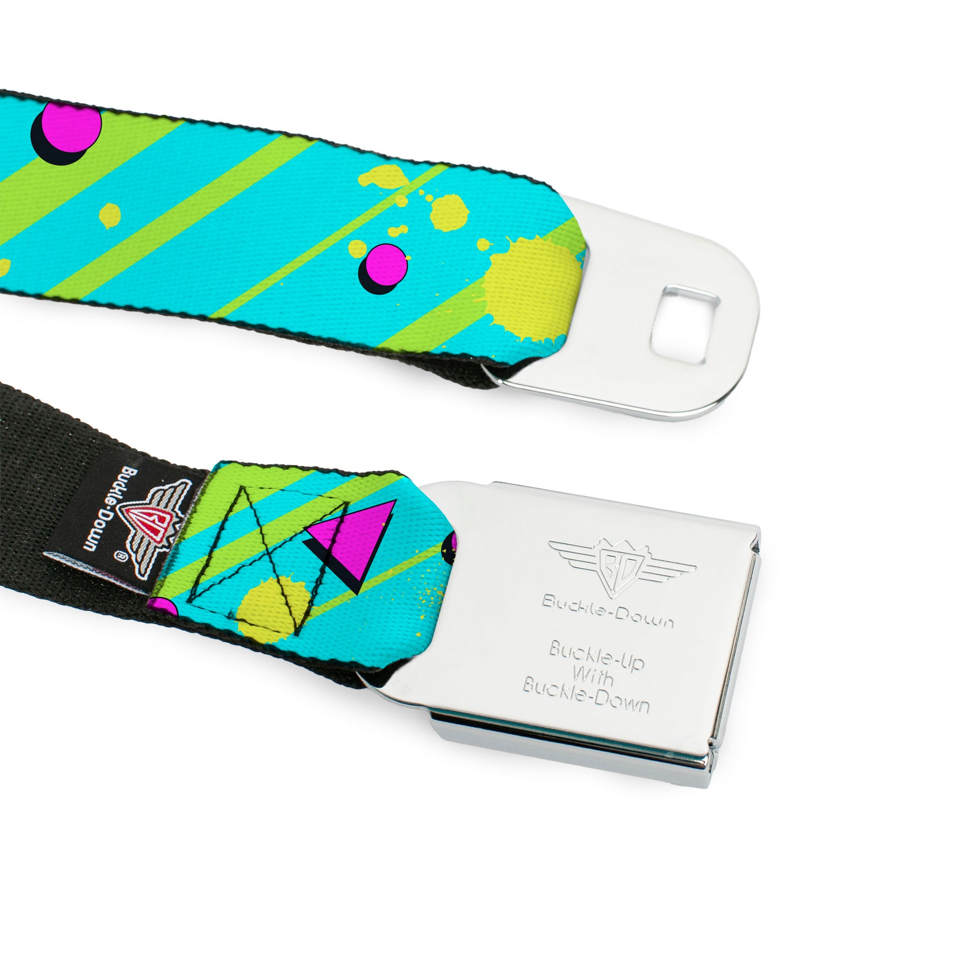 BD Wings Logo CLOSE-UP Full Color Black Silver Seatbelt Belt - Eighties Party Blue/Yellow/Pink Webbing Seatbelt Belts Buckle-Down