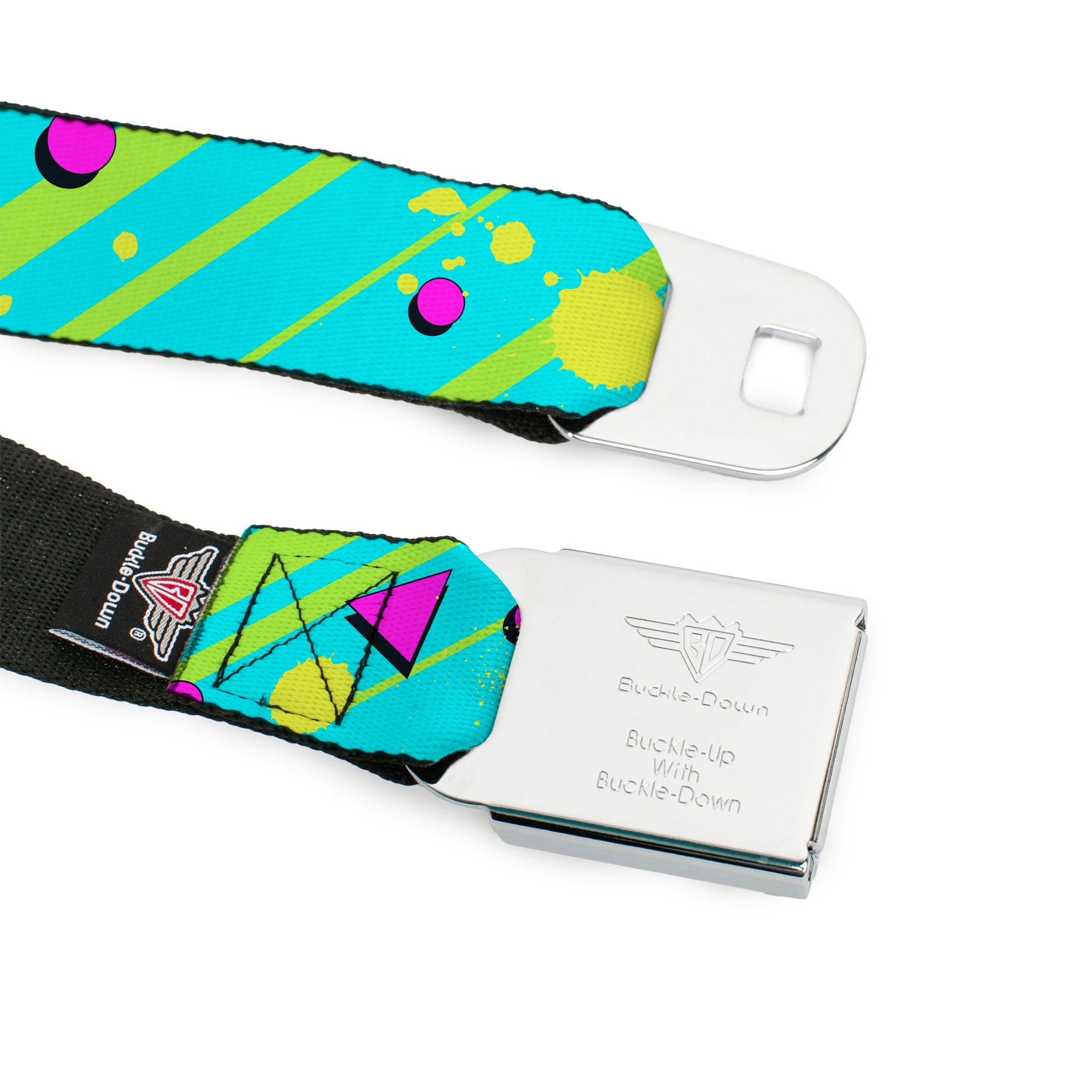 BD Wings Logo CLOSE-UP Full Color Black Silver Seatbelt Belt - Eighties Party Blue/Yellow/Pink Webbing Seatbelt Belts Buckle-Down