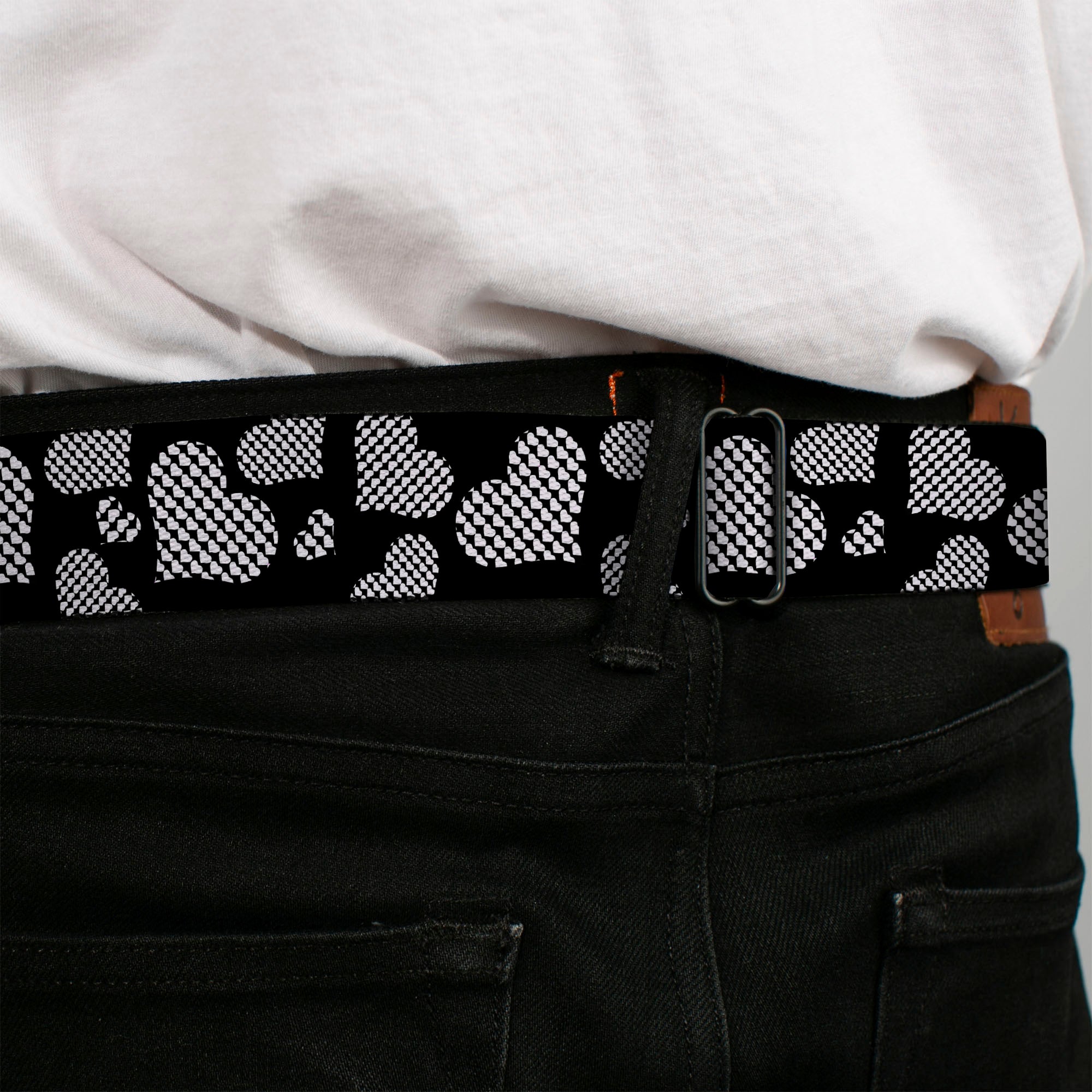 BD Wings Logo CLOSE-UP Full Color Black Silver Seatbelt Belt - Eighties Hearts Black/White Webbing Seatbelt Belts Buckle-Down