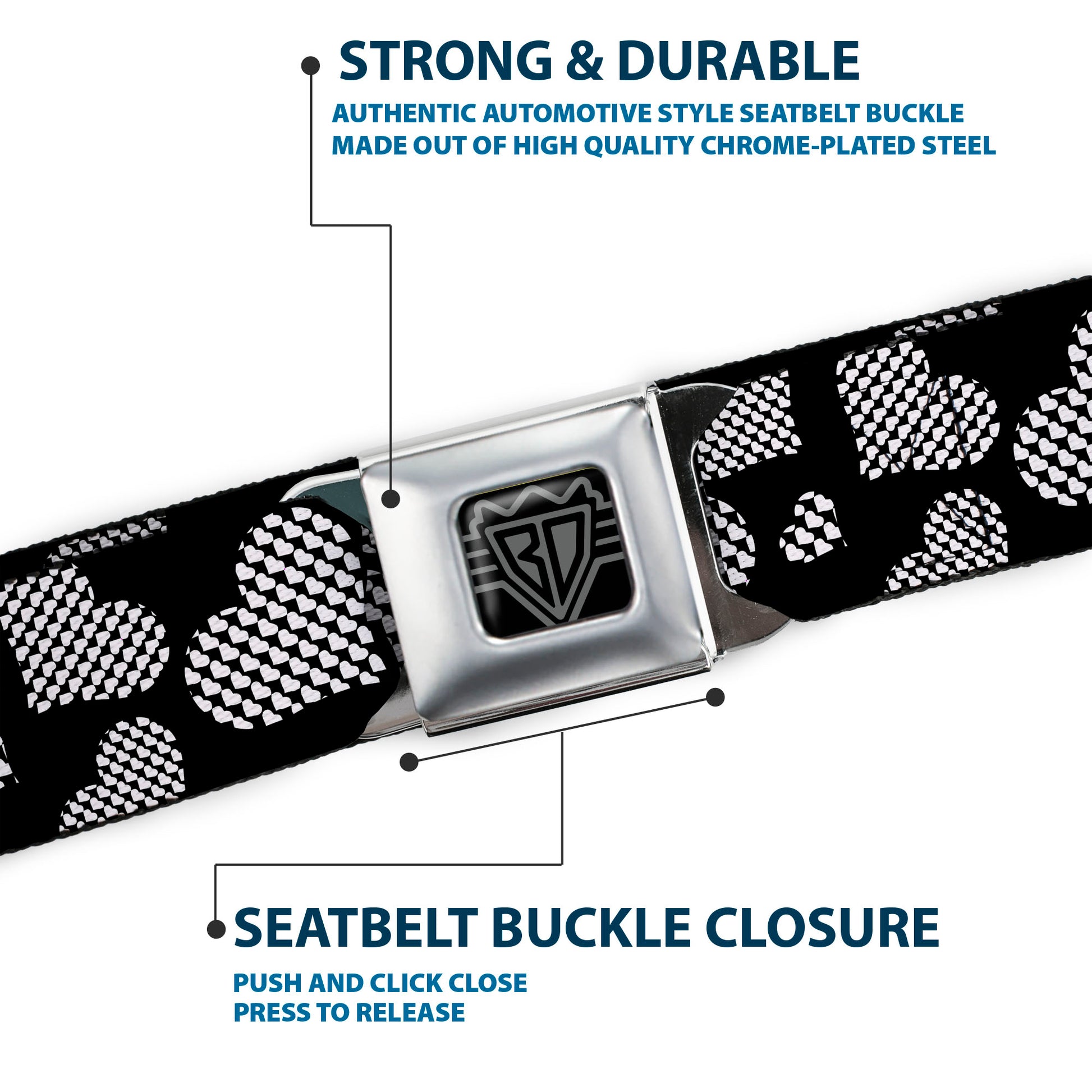 BD Wings Logo CLOSE-UP Full Color Black Silver Seatbelt Belt - Eighties Hearts Black/White Webbing Seatbelt Belts Buckle-Down