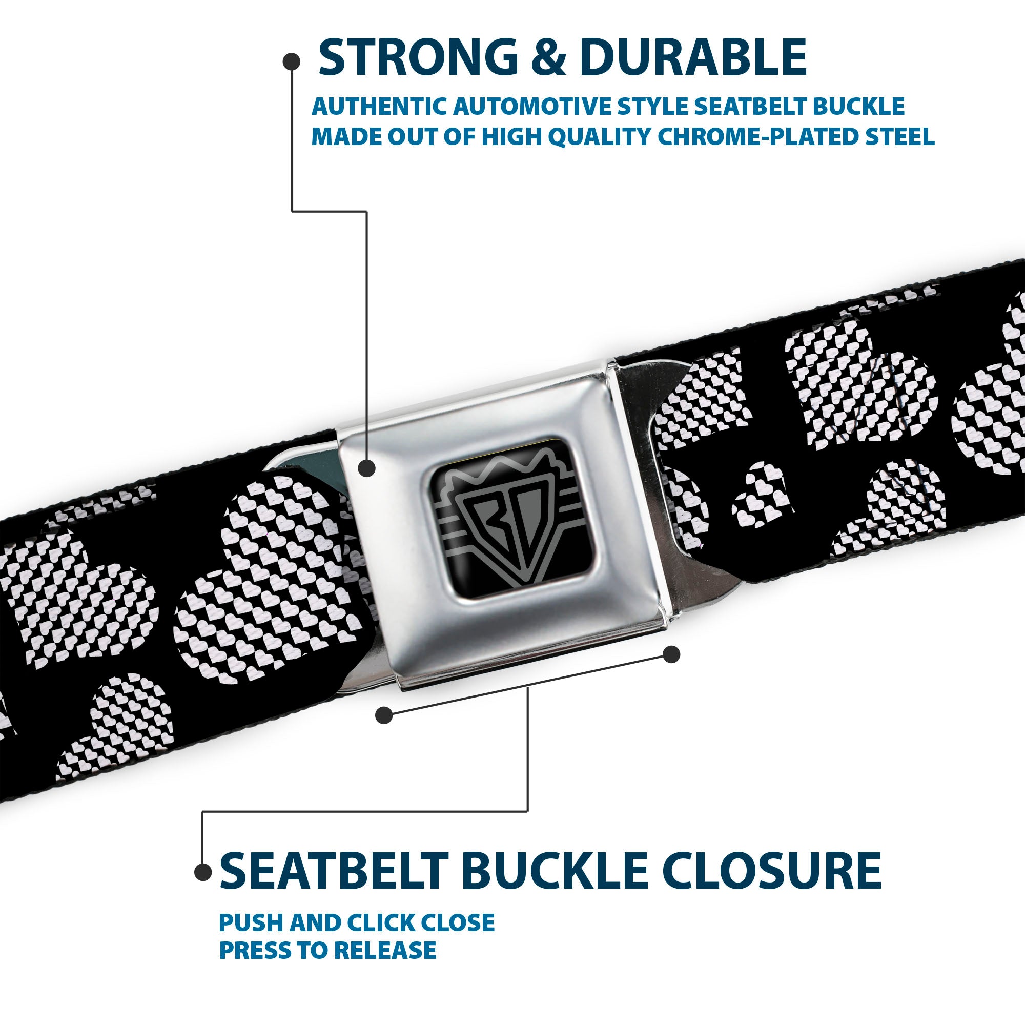 BD Wings Logo CLOSE-UP Full Color Black Silver Seatbelt Belt - Eighties Hearts Black/White Webbing Seatbelt Belts Buckle-Down