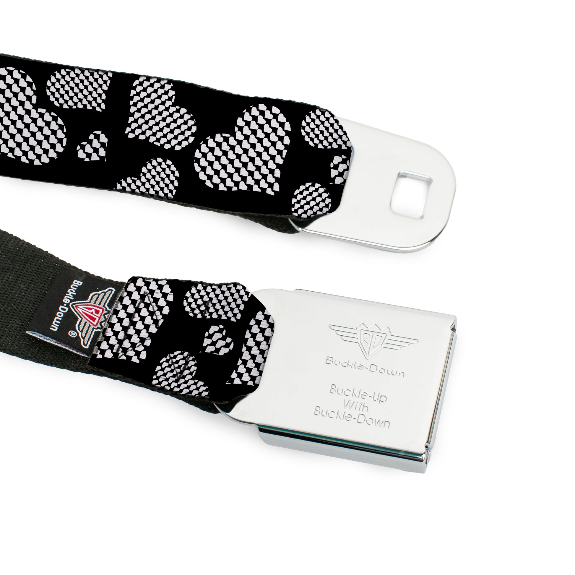 BD Wings Logo CLOSE-UP Full Color Black Silver Seatbelt Belt - Eighties Hearts Black/White Webbing Seatbelt Belts Buckle-Down