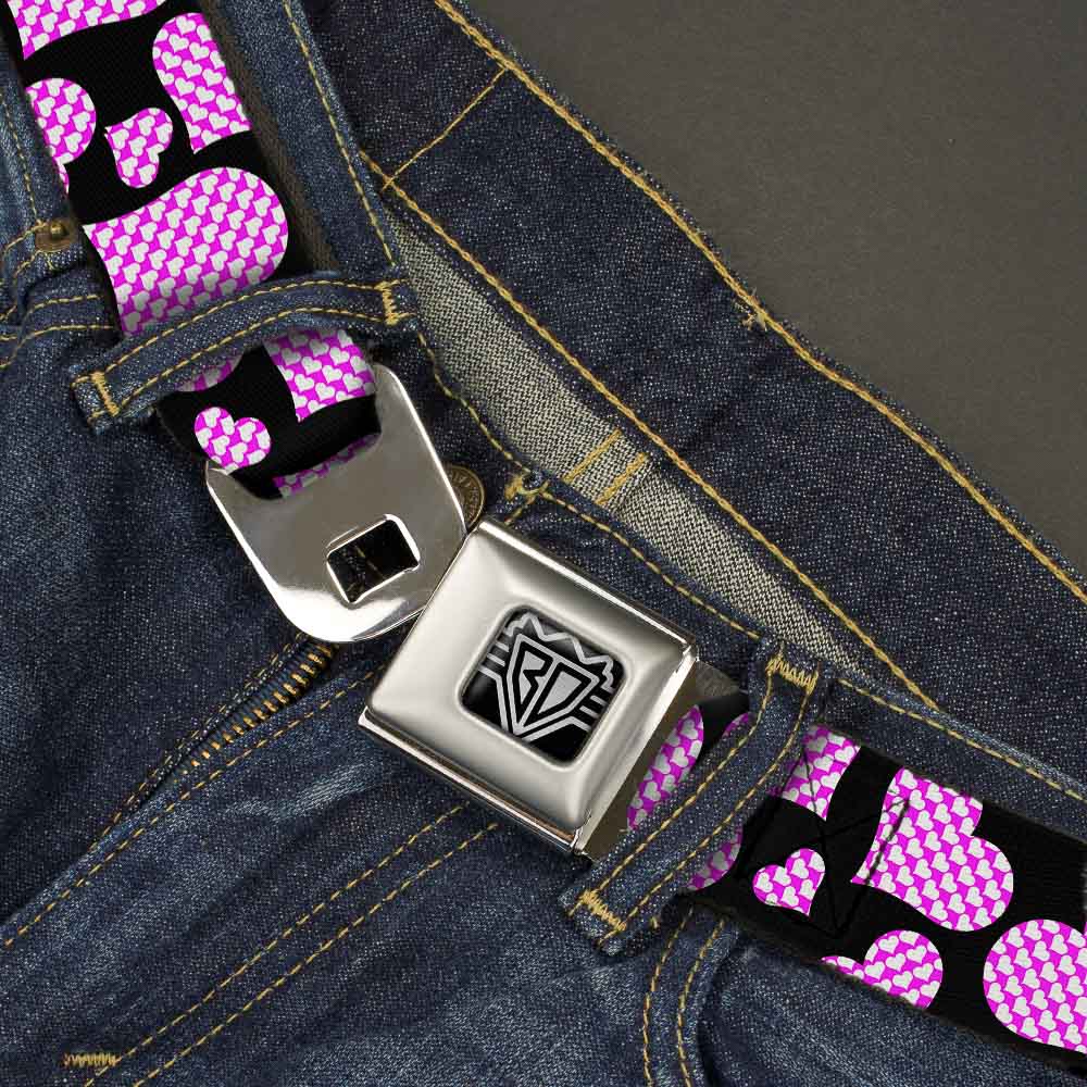 BD Wings Logo CLOSE-UP Full Color Black Silver Seatbelt Belt - Eighties Hearts Black/Fuchsia/White Webbing Seatbelt Belts Buckle-Down