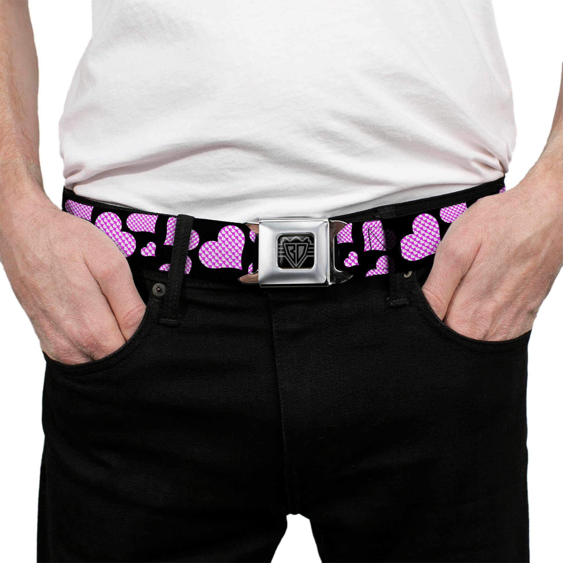 BD Wings Logo CLOSE-UP Full Color Black Silver Seatbelt Belt - Eighties Hearts Black/Fuchsia/White Webbing Seatbelt Belts Buckle-Down