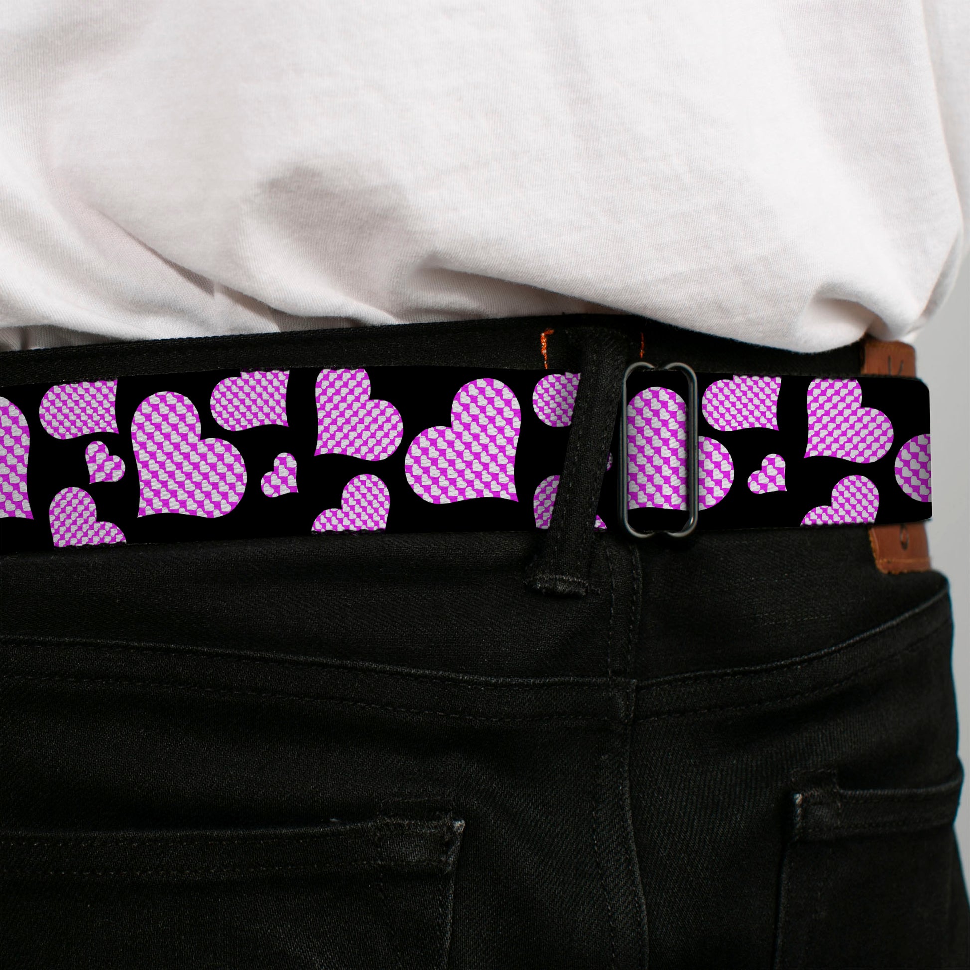 BD Wings Logo CLOSE-UP Full Color Black Silver Seatbelt Belt - Eighties Hearts Black/Fuchsia/White Webbing Seatbelt Belts Buckle-Down