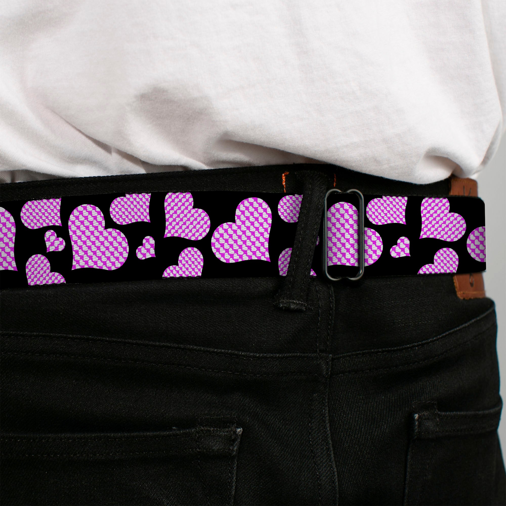 BD Wings Logo CLOSE-UP Full Color Black Silver Seatbelt Belt - Eighties Hearts Black/Fuchsia/White Webbing Seatbelt Belts Buckle-Down