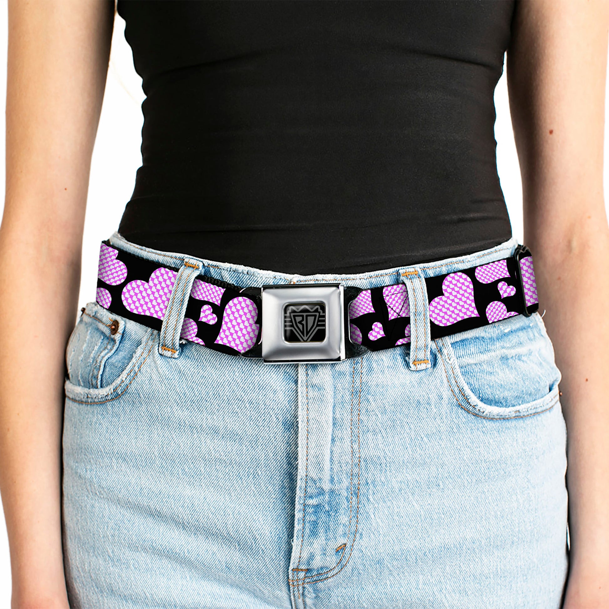 BD Wings Logo CLOSE-UP Full Color Black Silver Seatbelt Belt - Eighties Hearts Black/Fuchsia/White Webbing Seatbelt Belts Buckle-Down