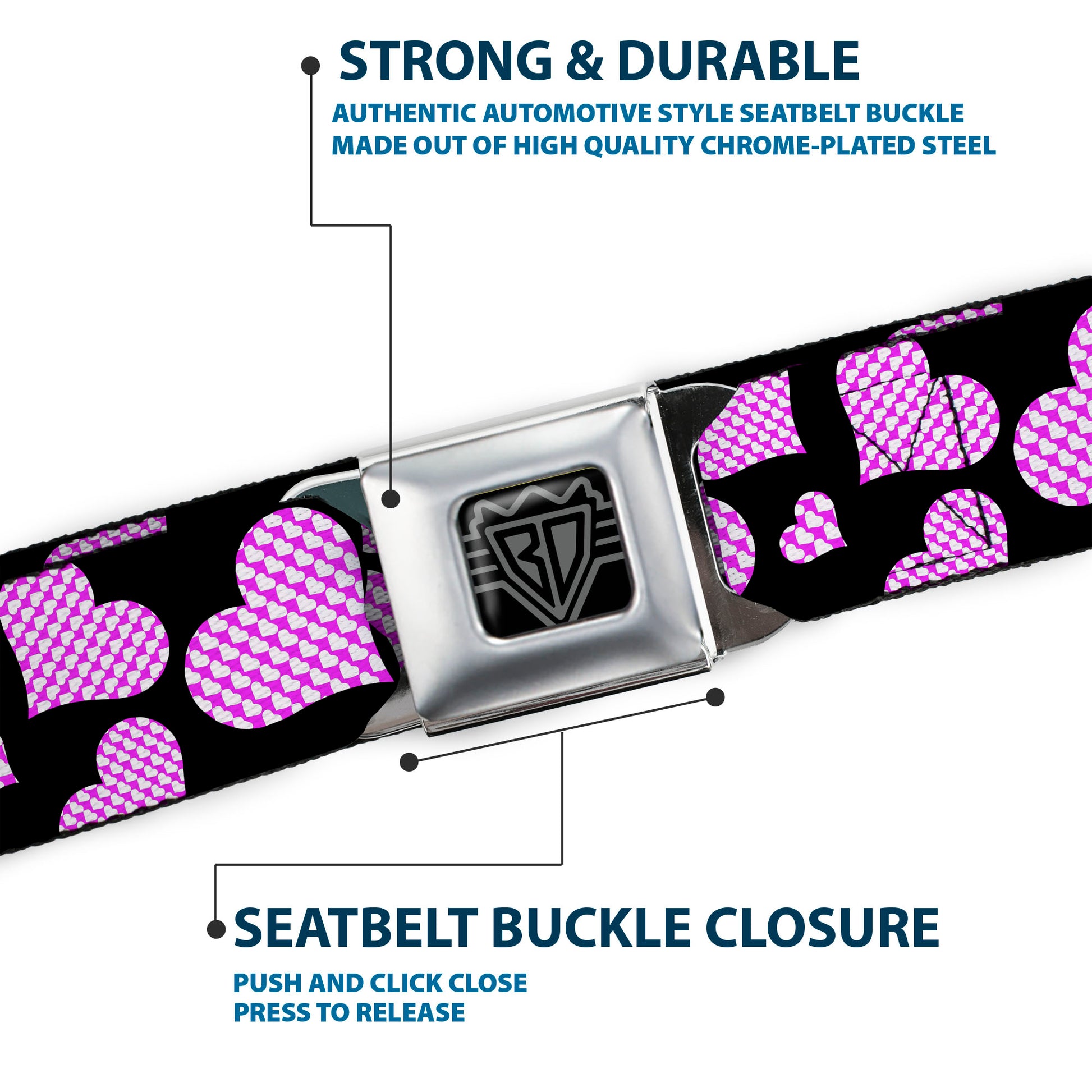 BD Wings Logo CLOSE-UP Full Color Black Silver Seatbelt Belt - Eighties Hearts Black/Fuchsia/White Webbing Seatbelt Belts Buckle-Down