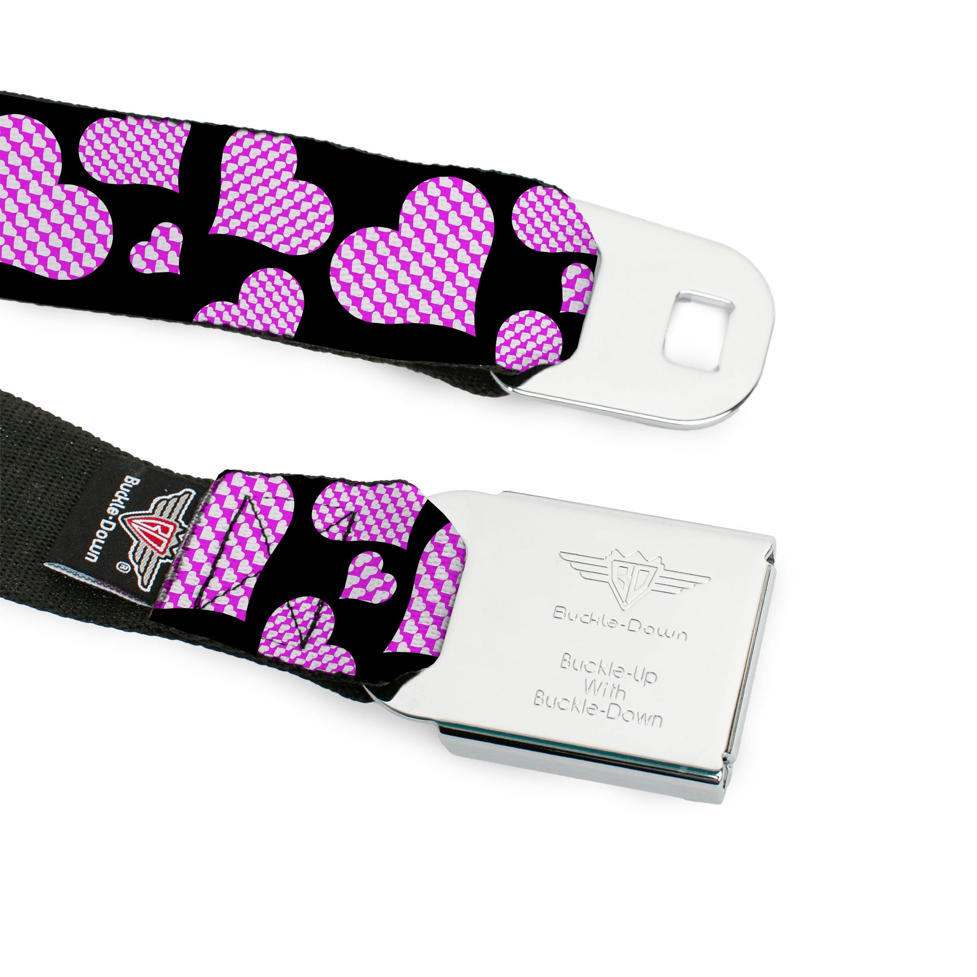 BD Wings Logo CLOSE-UP Full Color Black Silver Seatbelt Belt - Eighties Hearts Black/Fuchsia/White Webbing Seatbelt Belts Buckle-Down