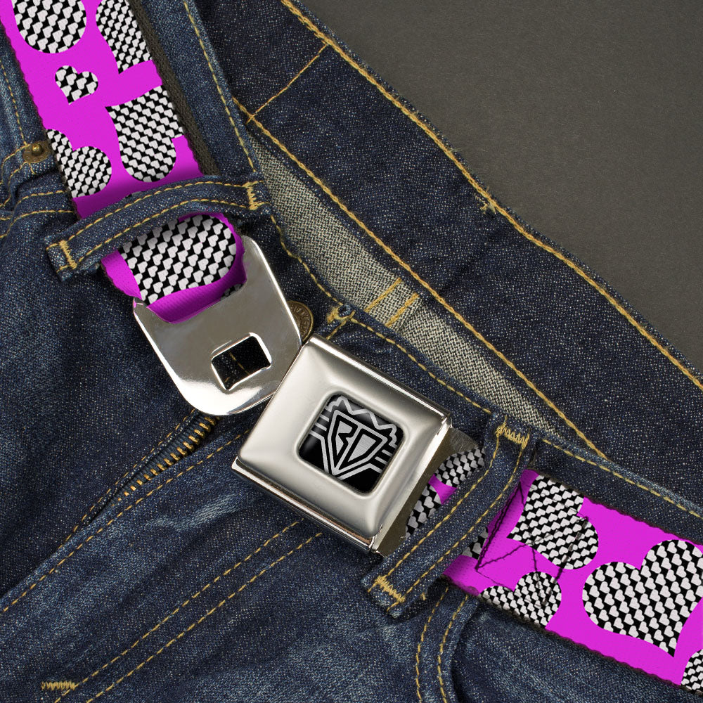 BD Wings Logo CLOSE-UP Full Color Black Silver Seatbelt Belt - Eighties Hearts Fuchsia/Black/White Webbing Seatbelt Belts Buckle-Down