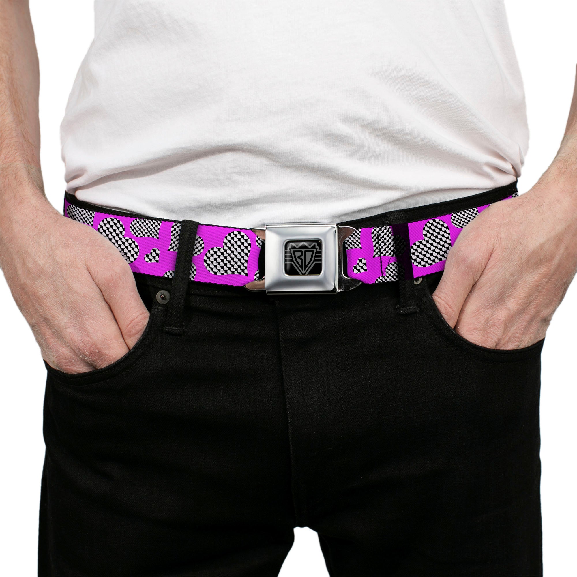 BD Wings Logo CLOSE-UP Full Color Black Silver Seatbelt Belt - Eighties Hearts Fuchsia/Black/White Webbing Seatbelt Belts Buckle-Down