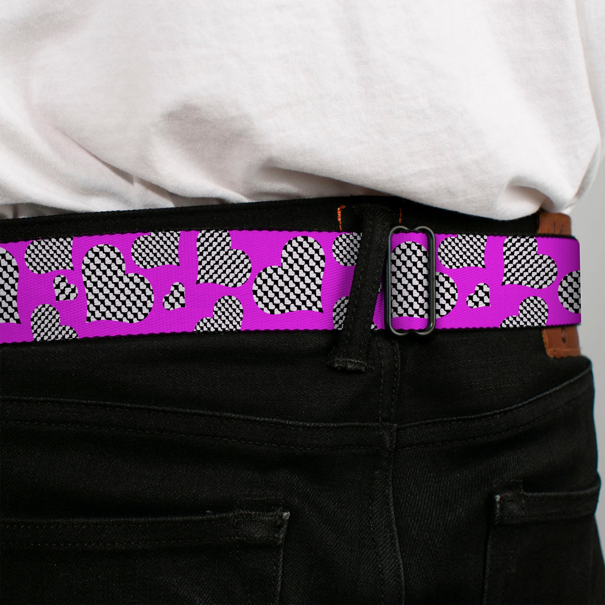 BD Wings Logo CLOSE-UP Full Color Black Silver Seatbelt Belt - Eighties Hearts Fuchsia/Black/White Webbing Seatbelt Belts Buckle-Down