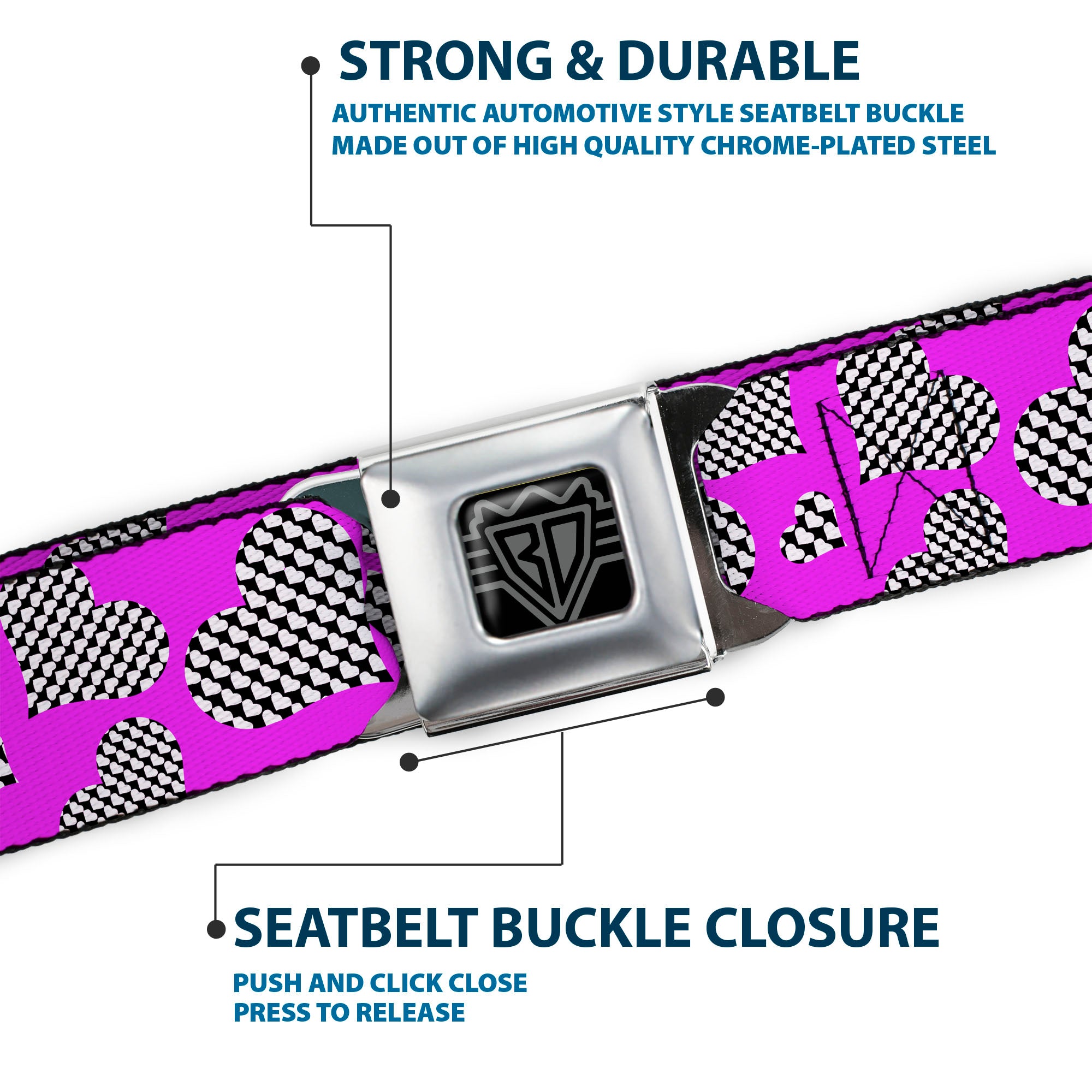 BD Wings Logo CLOSE-UP Full Color Black Silver Seatbelt Belt - Eighties Hearts Fuchsia/Black/White Webbing Seatbelt Belts Buckle-Down