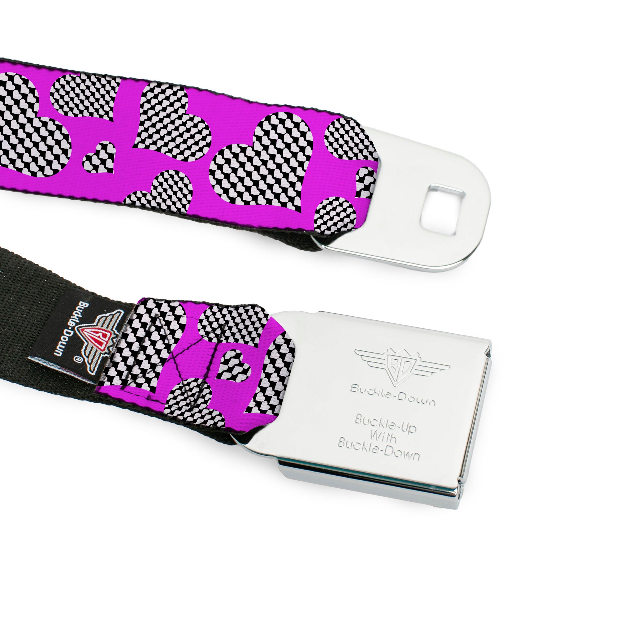 BD Wings Logo CLOSE-UP Full Color Black Silver Seatbelt Belt - Eighties Hearts Fuchsia/Black/White Webbing Seatbelt Belts Buckle-Down