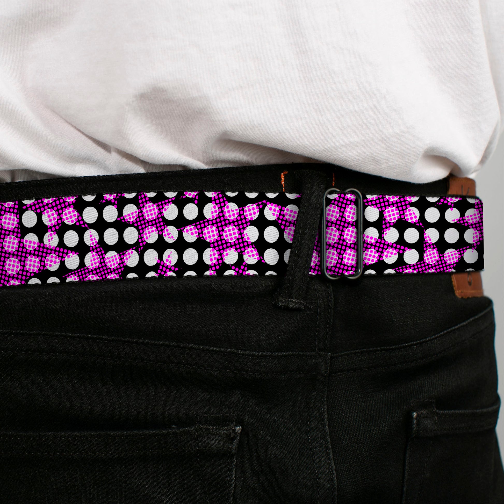 BD Wings Logo CLOSE-UP Full Color Black Silver Seatbelt Belt - Eighties Stars1 Black/White/Fuchsia Webbing Seatbelt Belts Buckle-Down