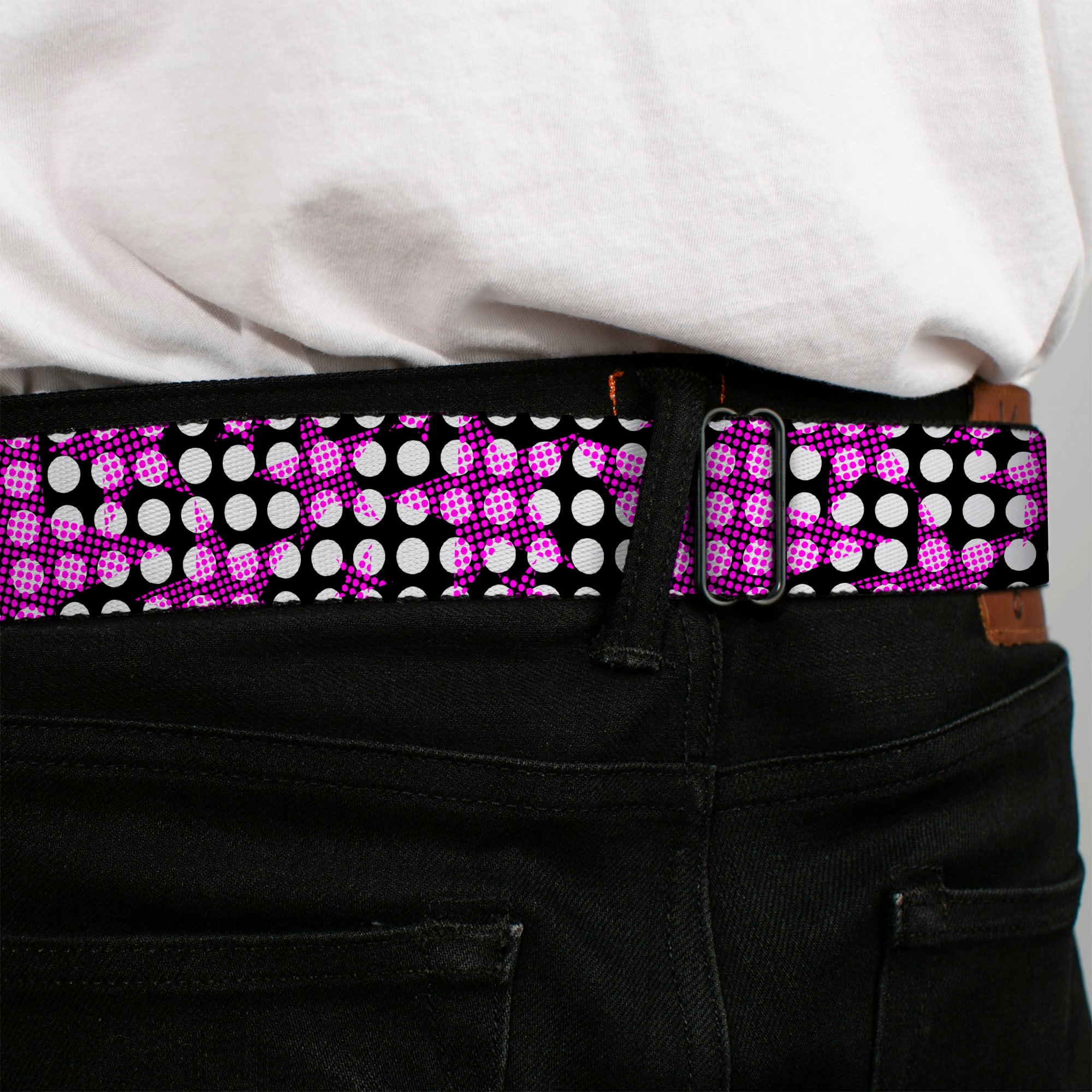 BD Wings Logo CLOSE-UP Full Color Black Silver Seatbelt Belt - Eighties Stars1 Black/White/Fuchsia Webbing Seatbelt Belts Buckle-Down